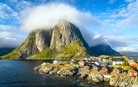 Free download Nature Landscape Plant Water House Village Cloud Sky Rock Mountains 4K Wallpaper, Wallpaper(s) website provided.