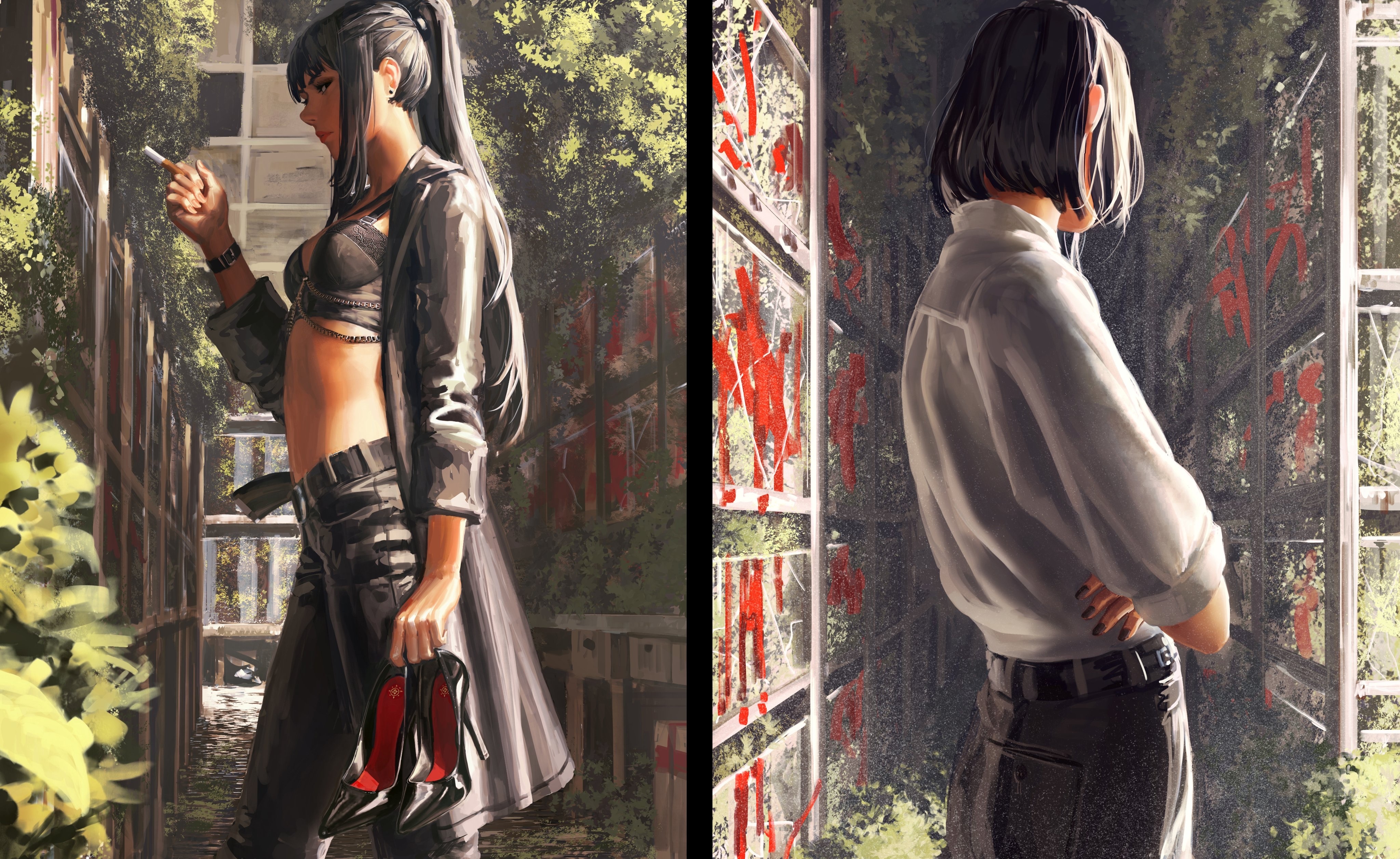 Free download Original Characters Standing Short Hair Long Hair Anime Girls Cigarettes High Heels 4K Wallpaper, Wallpaper(s) website provided.