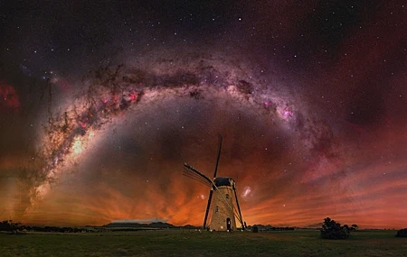 Free download Nature Landscape Windmill Sky Grass Field Plants Trees Stars Space Night Milky Way Red Sky 4K Wallpaper, Wallpaper(s) website provided.