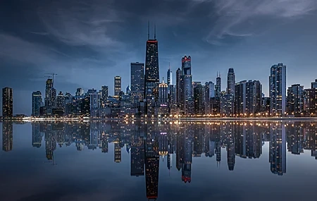 Free download Photography City Landscape Water Skyline Skyscrapers Dusk Night Sky Clouds Seashore 4K Wallpaper, Wallpaper(s) website provided.