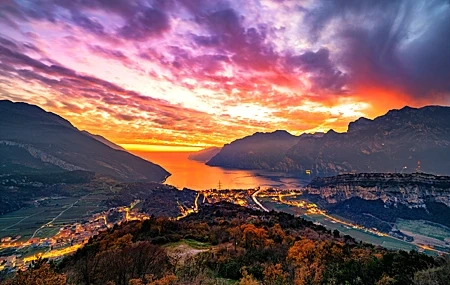 Free download Nature Landscape Mountains Sky Clouds Sunset Town Water Houses Road Long Stream Vision 4K Wallpaper, Wallpaper(s) website provided.