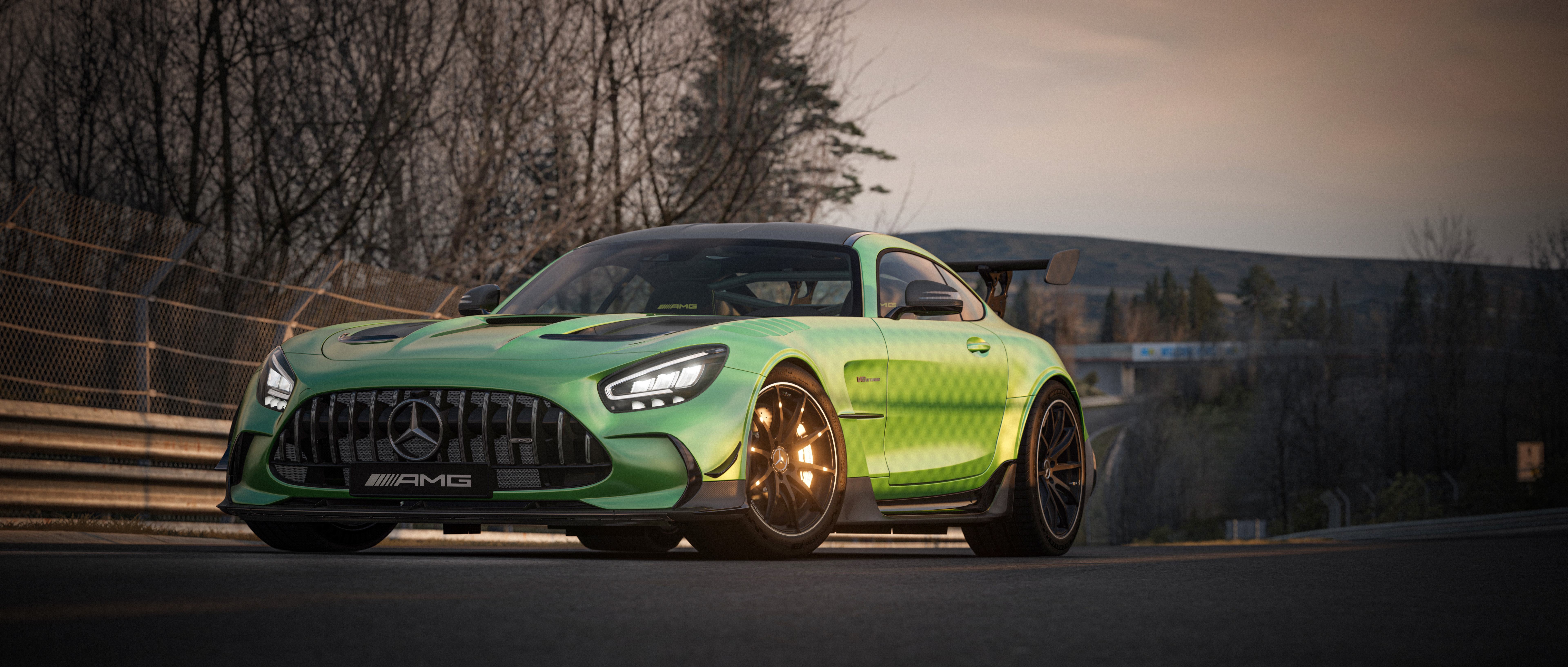 Free download GT Car Game Vehicle Front View Headlight Video Game Screenshot Fence Sky Sunshine 8K Wallpaper, Wallpaper(s) website provided.