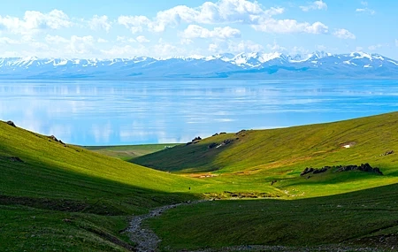 Free download Nature Landscape Hills Meadow Fields Mountains Water Clouds Sky Rocks Vista Sunshine 4K Wallpaper, Wallpaper(s) website provided.