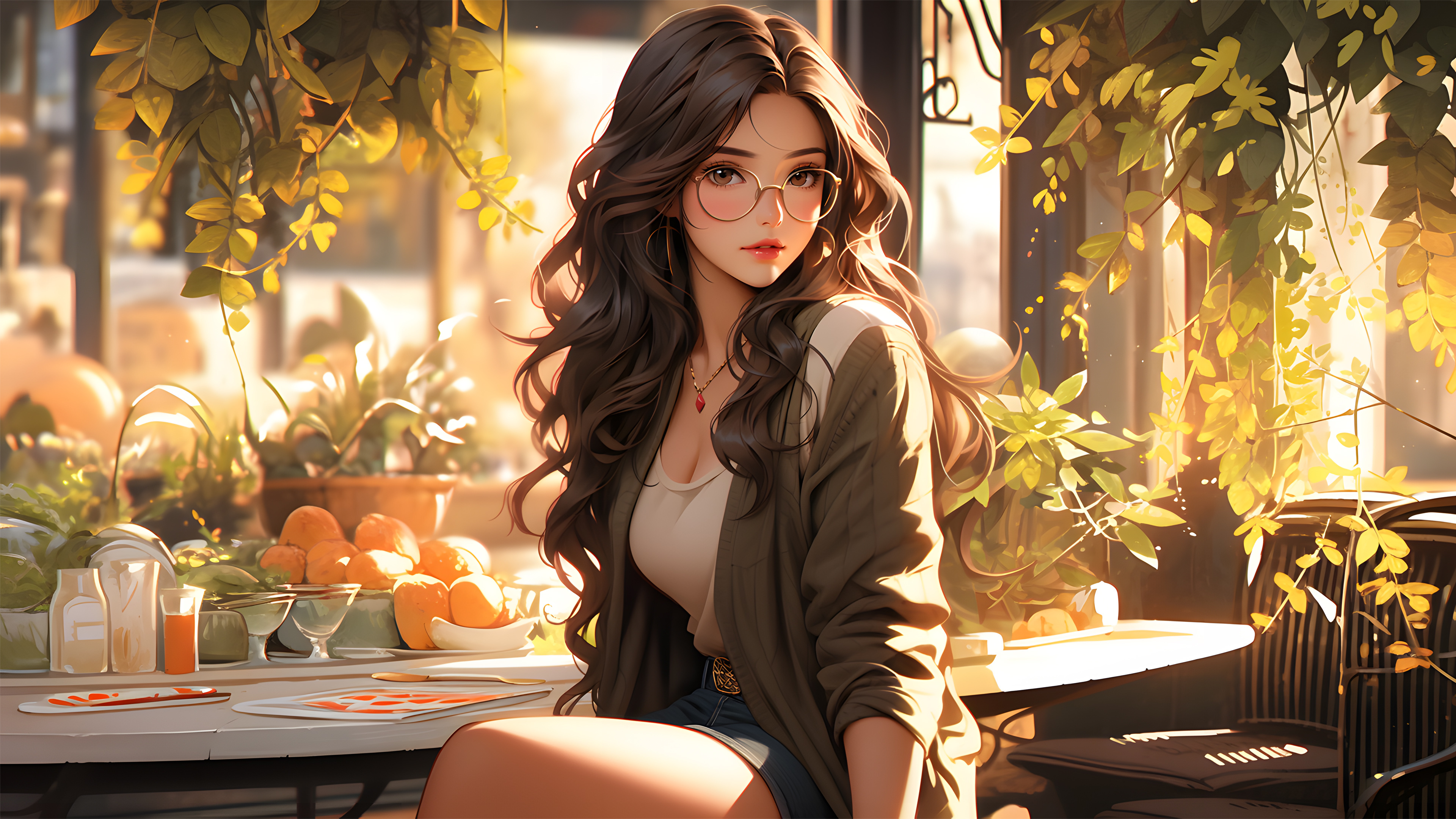 Free download Woman Long Hair Sitting Curly Hair Artificial Intelligence AI Art Leaves Fruits Sunset Sunset Glasses Necklace 4K Wallpaper, Wallpaper(s) website provided.