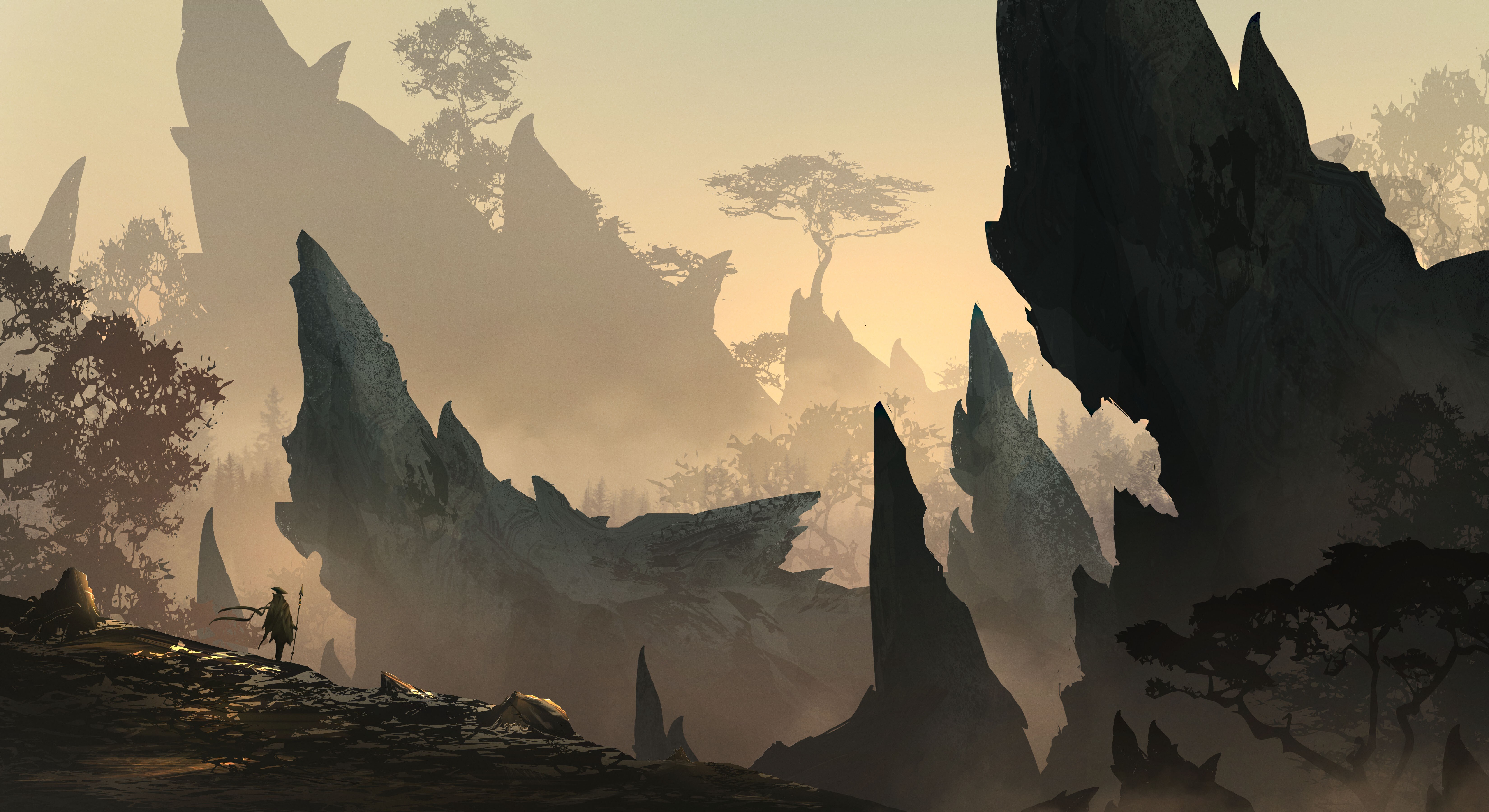 Free download Warrior Lonely Hero Fantasy Mist Rock Spear 4K Wallpaper, Wallpaper(s) website provided.
