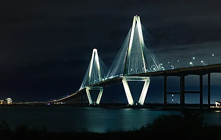 Free download Landscape Architecture Bridge Lights Water River City Plants Cable Bridge 4K Wallpaper, Wallpaper & 7wallpaper