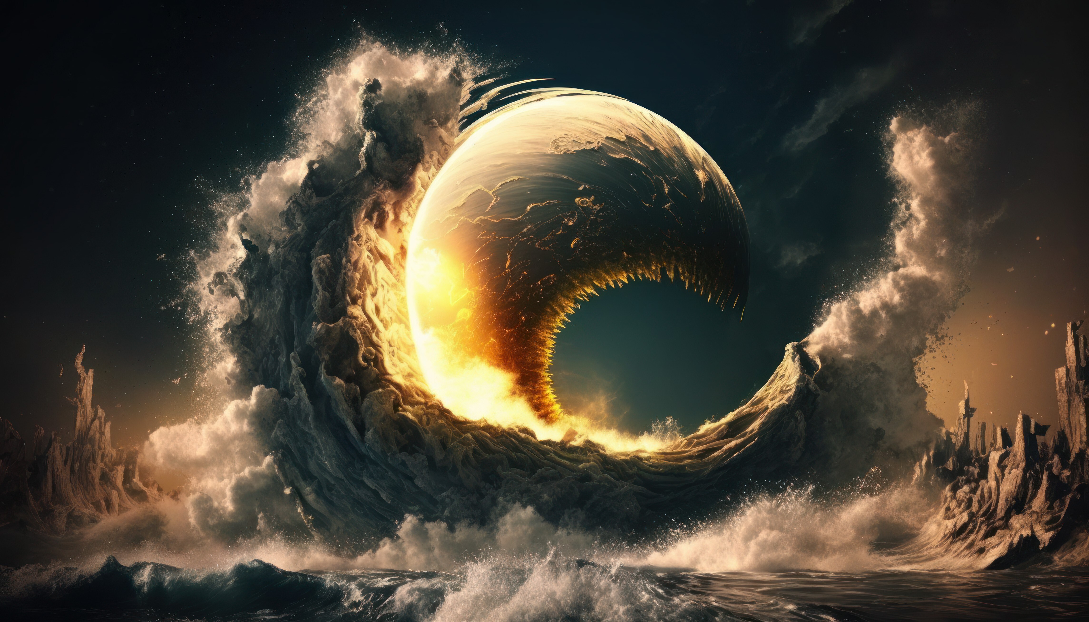 Free download Art Illustration Moon Waves Collision Sea Water 4K Wallpaper, Wallpaper(s) website provided.