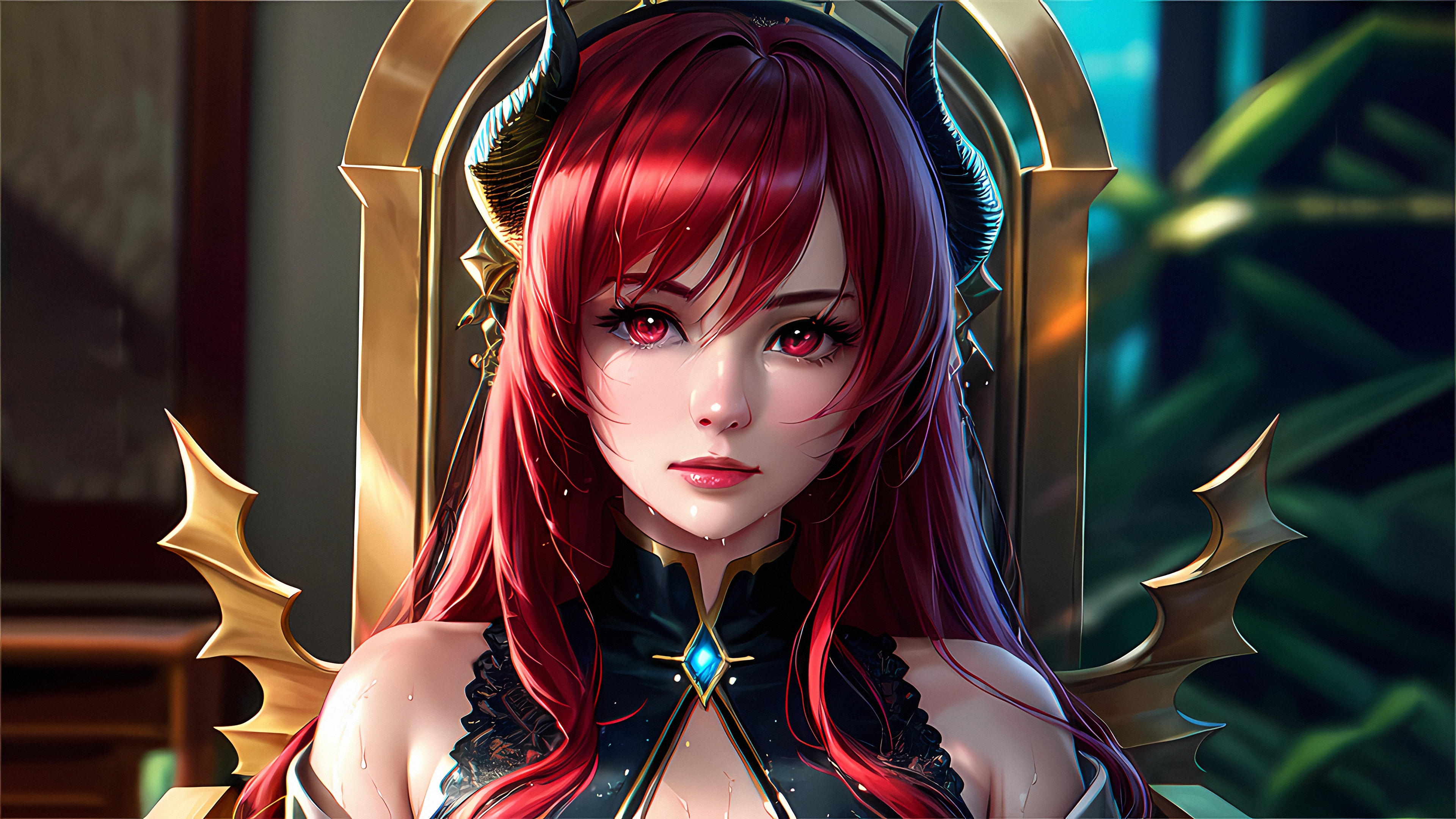 Free download Female Dragon Girl Art Trumpet Anime Woman Dragon Horn Throne 4K Wallpaper, Wallpaper(s) website provided.