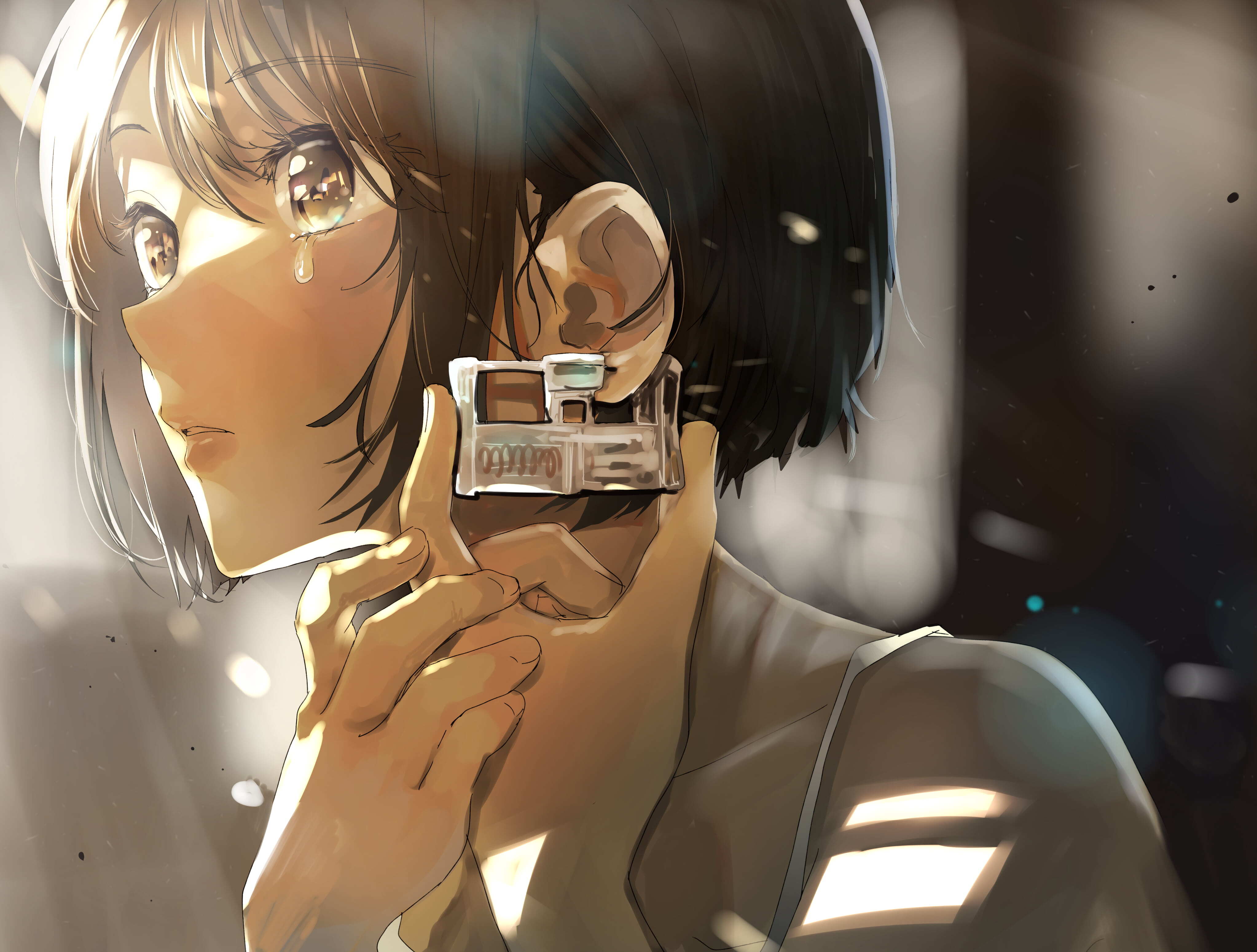 Free download Original Character Tears Short Hair Anime Girl Ear Piercing 4K Wallpaper, Wallpaper(s) website provided.