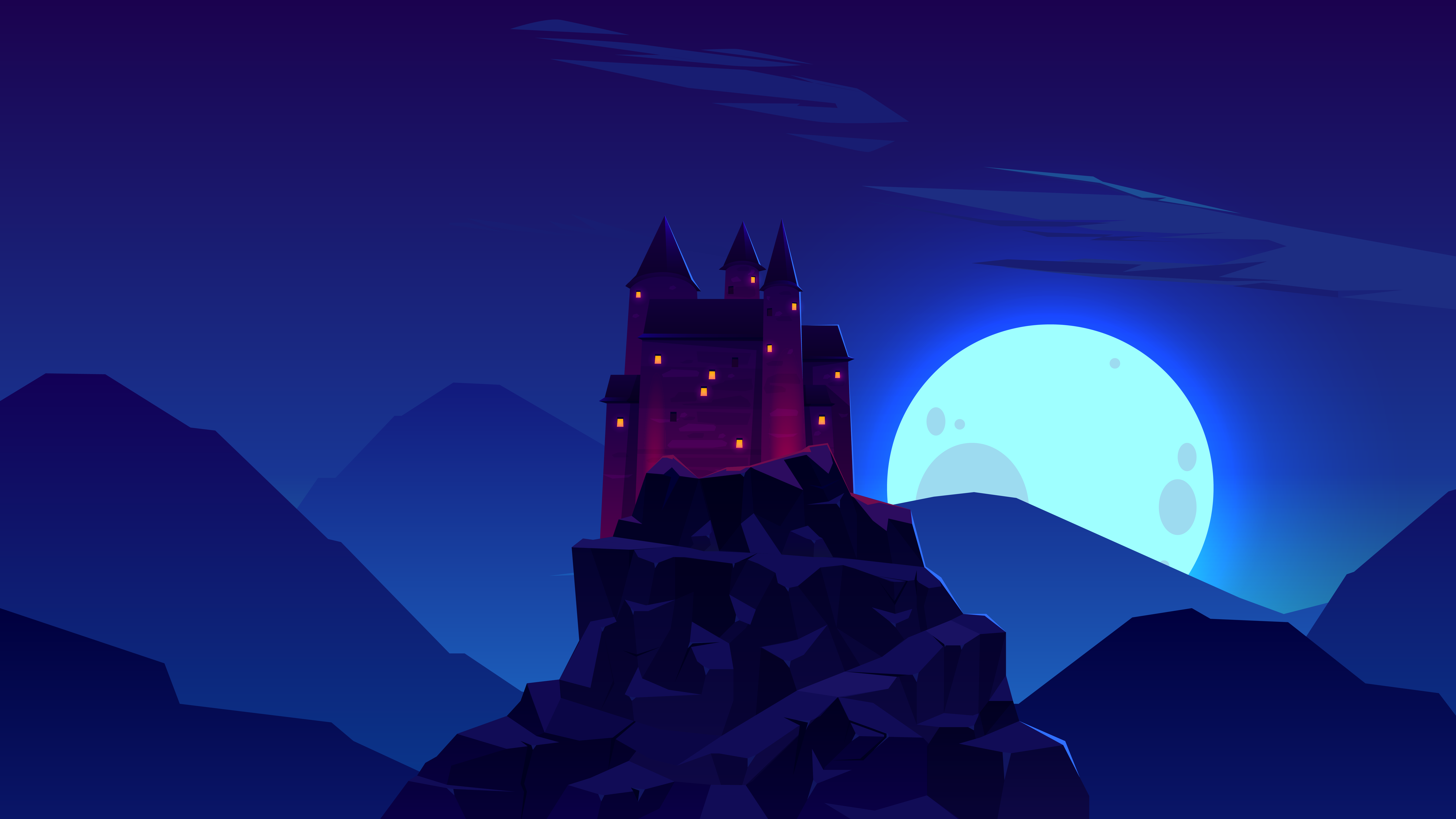 Free download Castle Mountains Moon Rock Night Minimalism Blue Sky AI Art 8K Wallpaper, Wallpaper(s) website provided.
