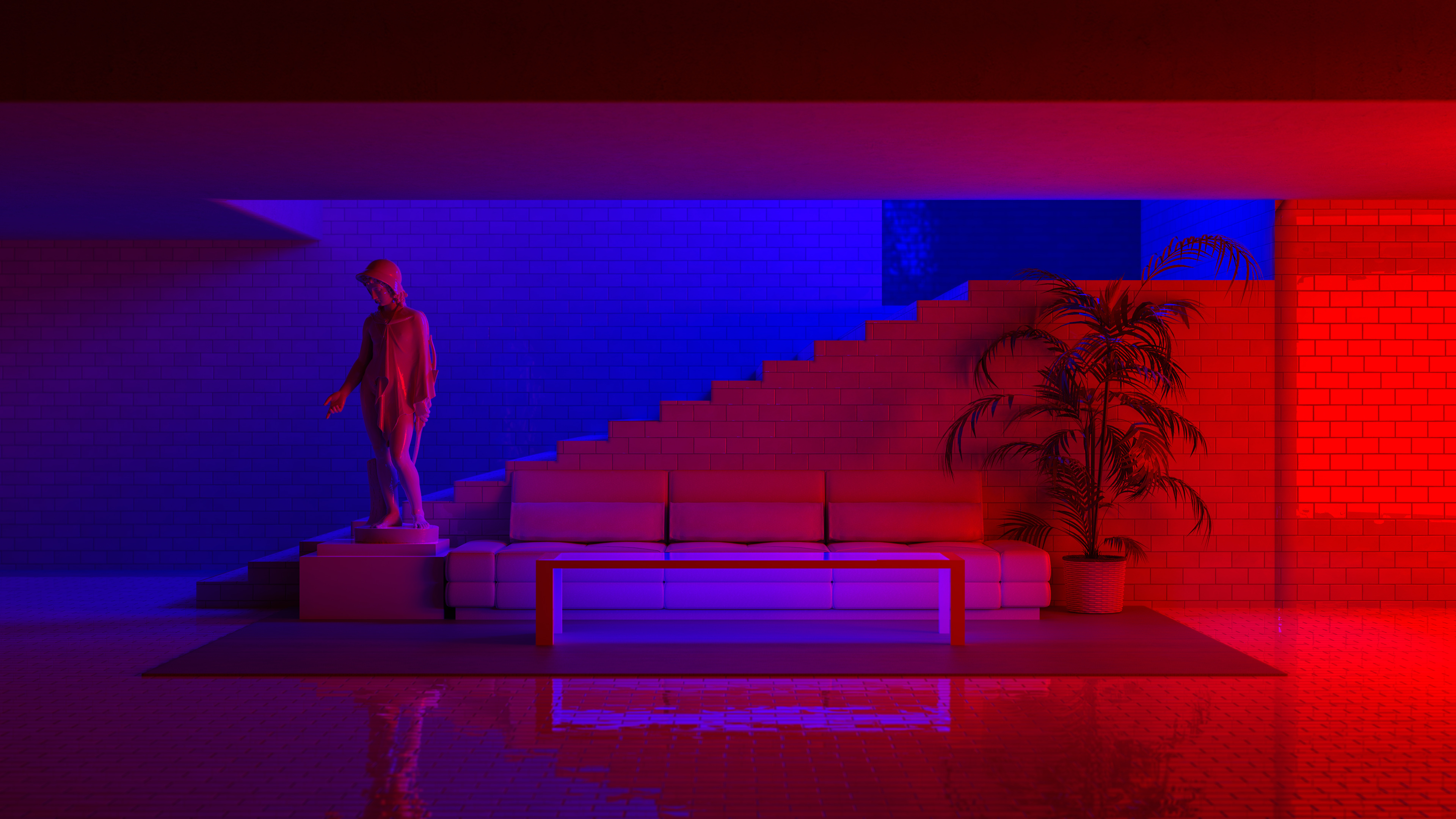 Free download Red Blue Statue Plants Brick Sofa Neon Interior Design AI Art Minimalism 4K Wallpaper, Wallpaper(s) website provided.