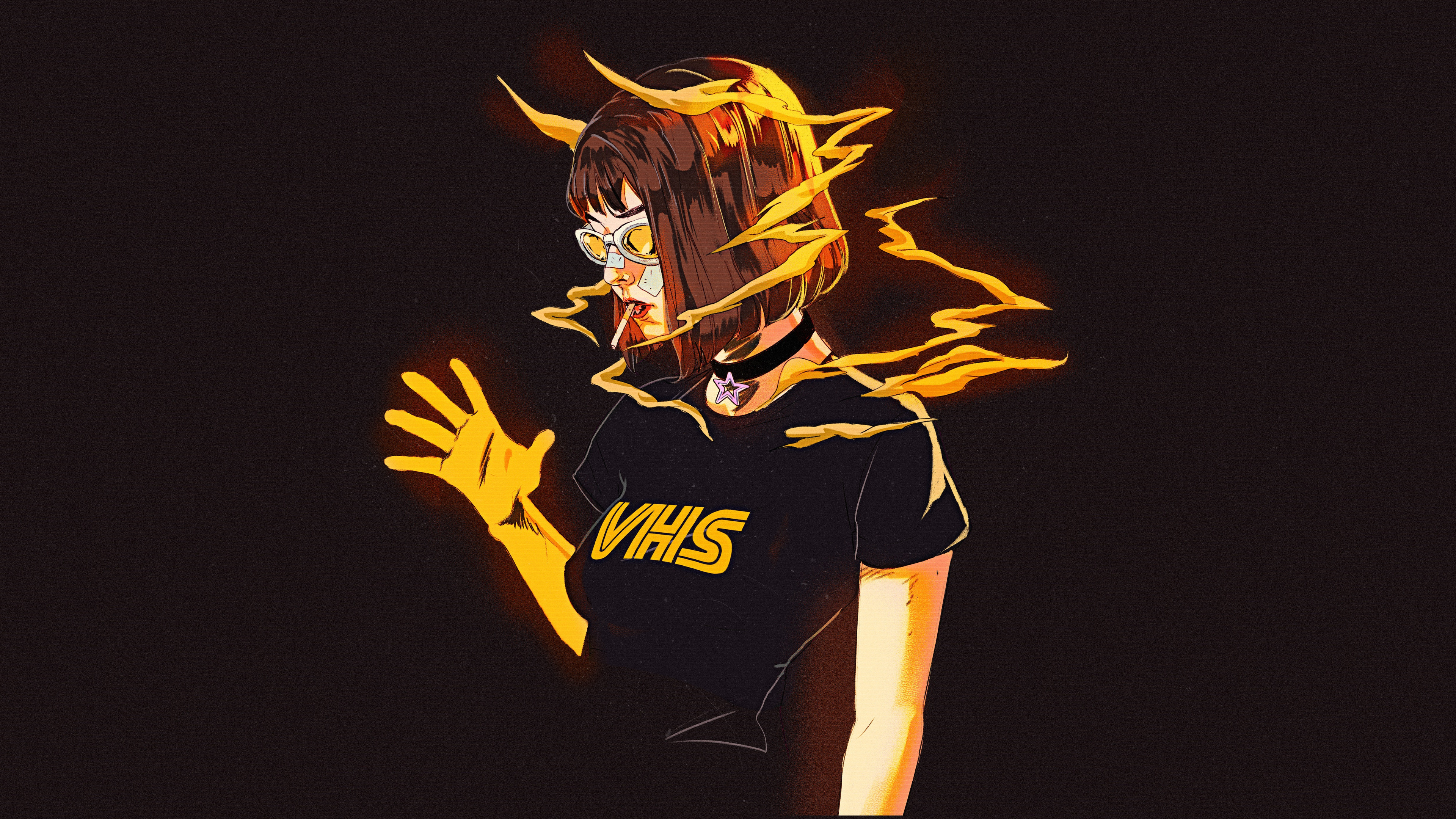 Free download Woman Short Hair Dark Hair Glasses Suffocation Digital Art Illustration Minimalism Black Black Background Smoke Smoke Noise Simple Background Necklace Band-Aid 4K Wallpaper, Wallpaper(s) website provided.