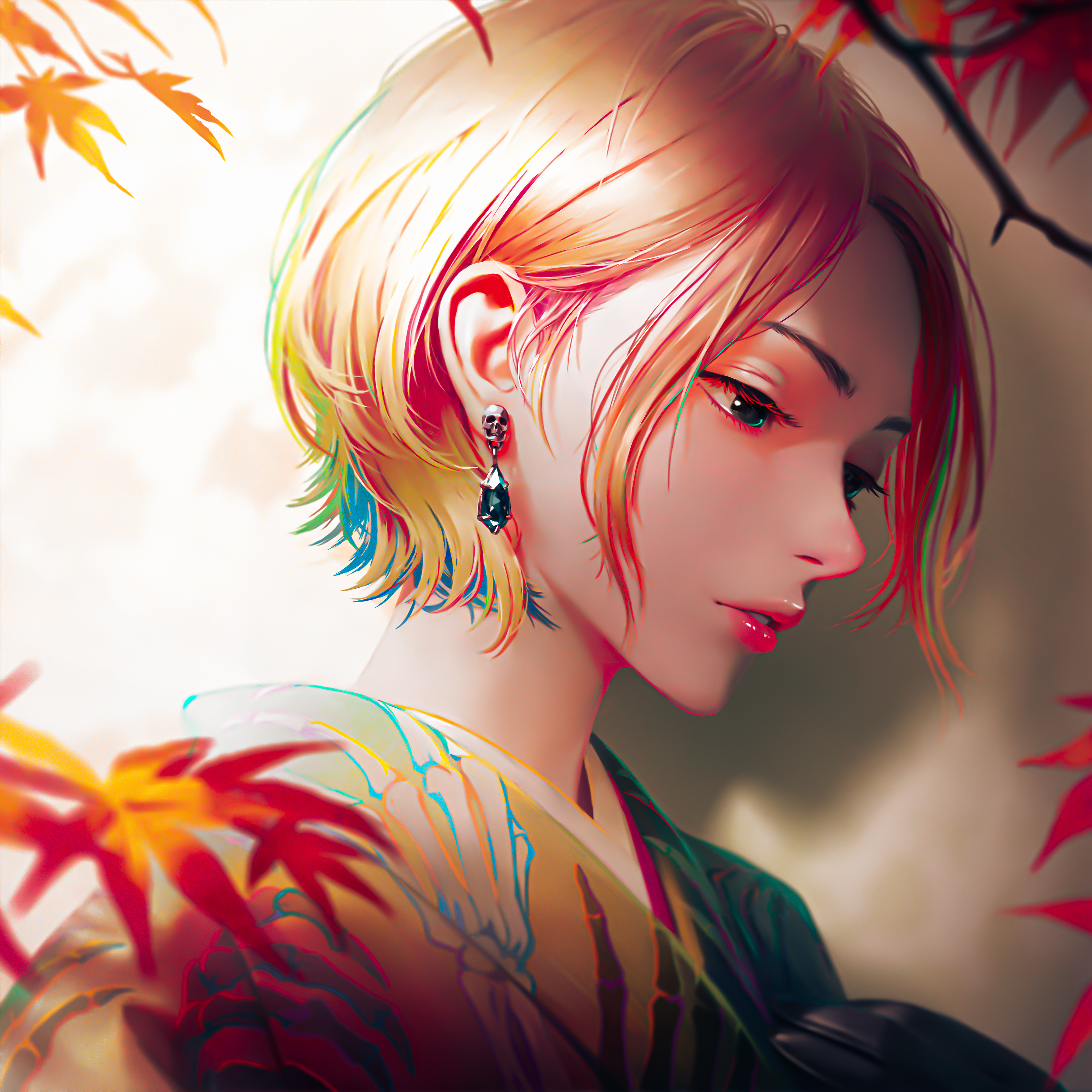 Free download Multicolored hair anime girl leaves earrings mobile wallpaper 4K wallpaper, Wallpaper(s) website provided.
