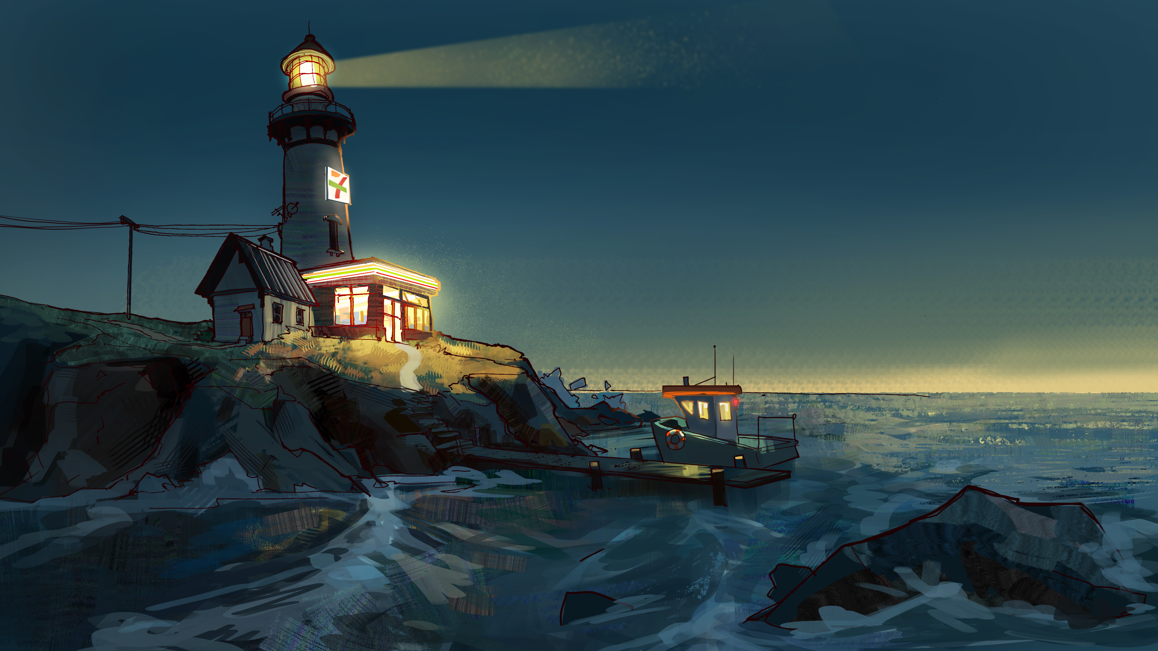 Free download sea ​​lighthouse dawn boat coast digital art 4K wallpaper, Wallpaper(s) website provided.