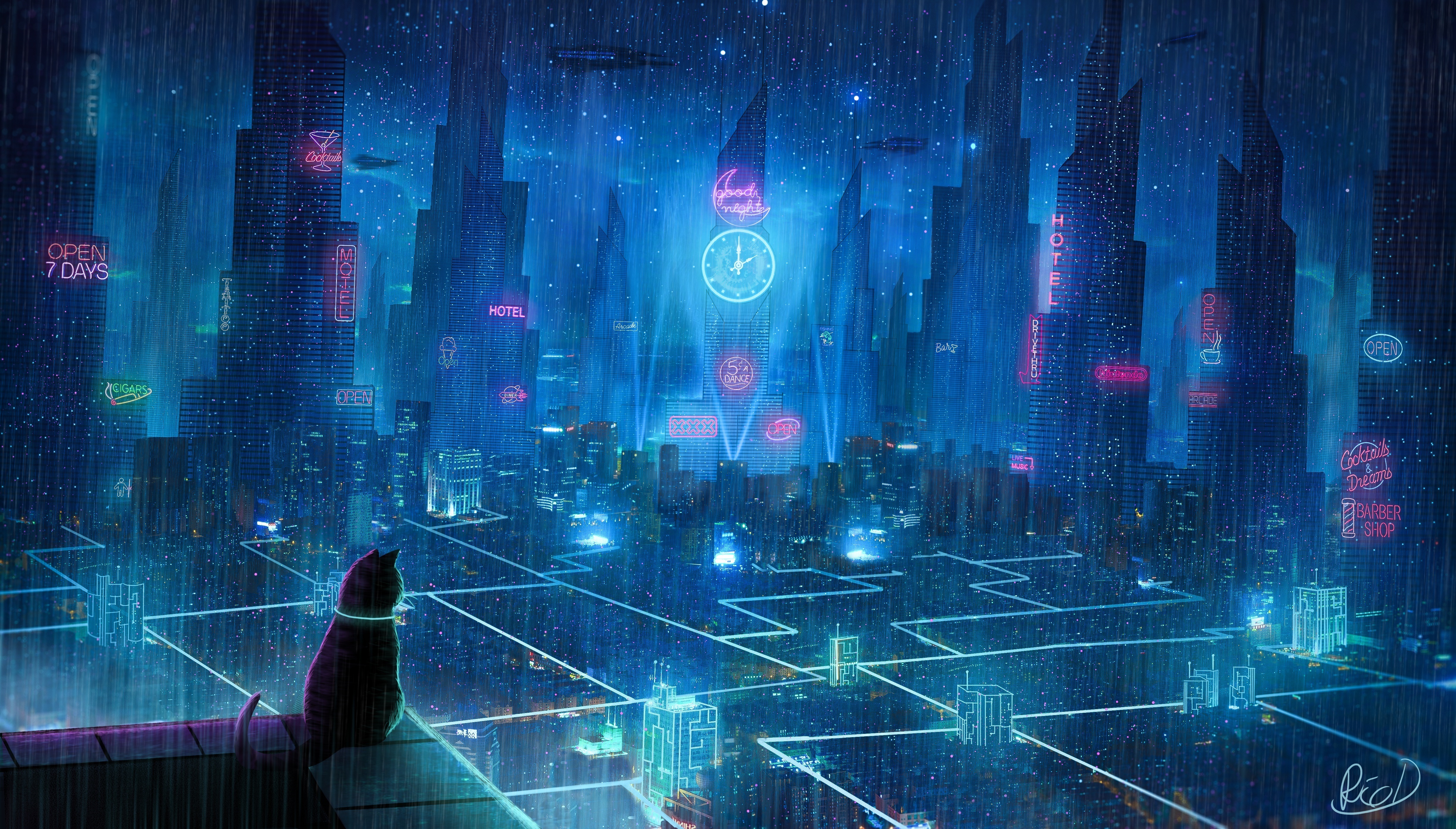 Free download AI Art City Futurism Cat Fantasy Art Science Fiction Novels Far View Blue Neon 4K Wallpaper, Wallpaper(s) website provided.