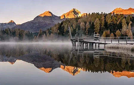 Free download lakes mountains photography sunrise mist dock water nature dock trees sunshine 4K wallpaper, Wallpaper & 7wallpaper