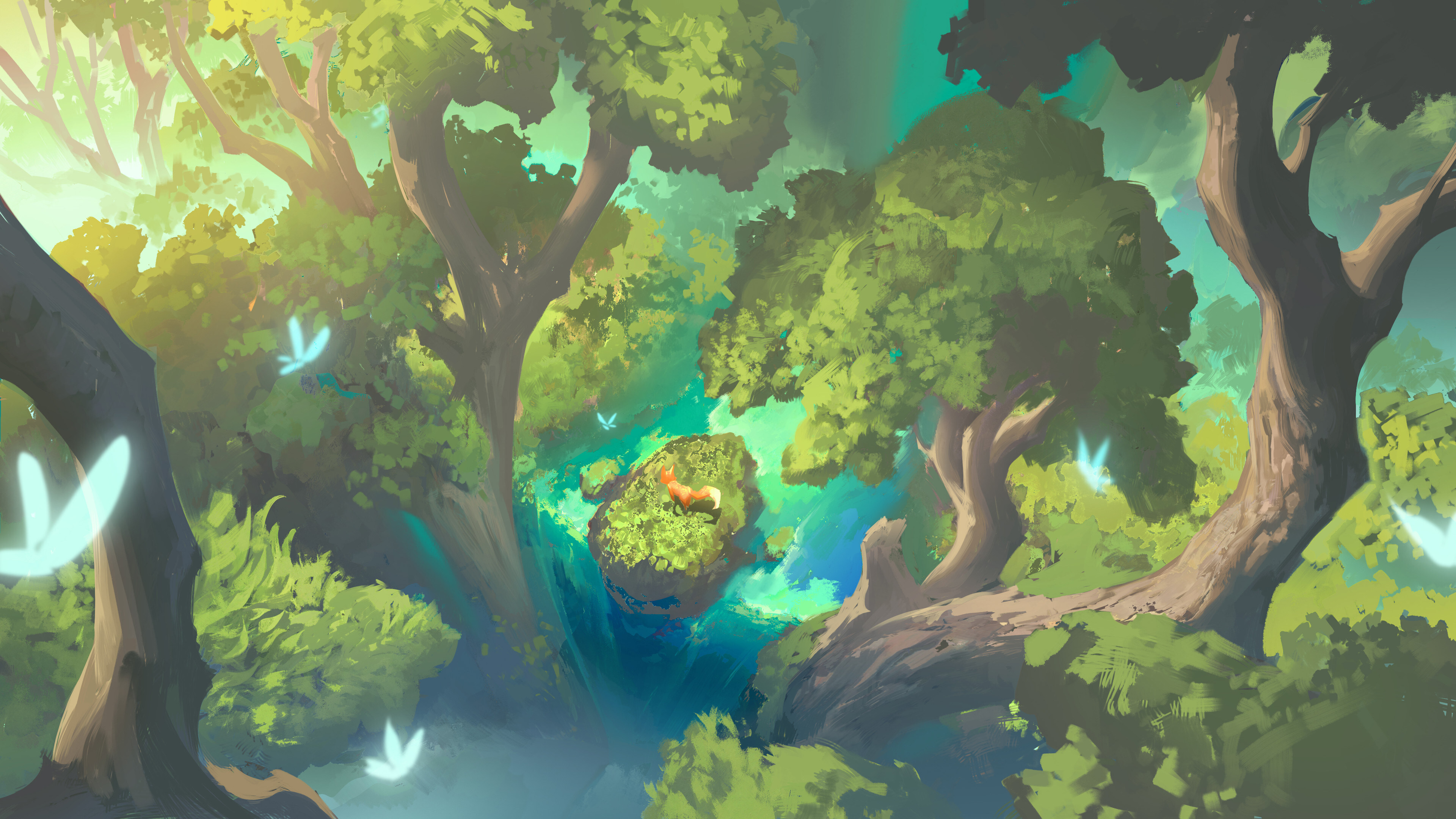 Free download AI Art Fantasy Art Waterfall Buddha Butterfly Trees Sunshine Fox Deep Woods 4K Wallpaper, Wallpaper(s) website provided.