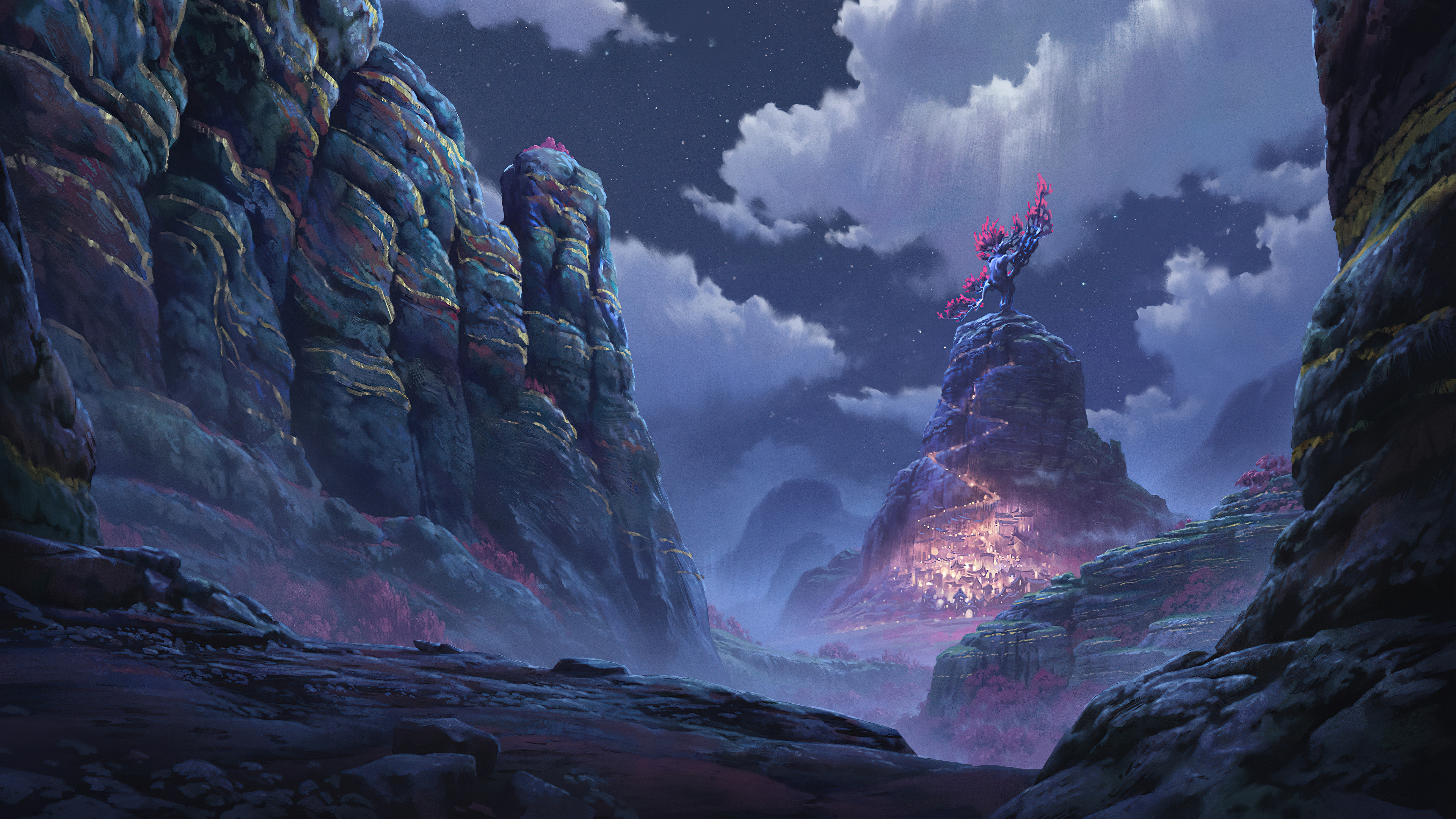 Free download AI Art Illustrations Landscape Night View Clouds Rock Formation Stars Town Mountains 4K Wallpaper, Wallpaper(s) website provided.