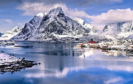 Free download Landscape Village Mountain Snow Water Fjord Pastoral 4K Wallpaper, Wallpaper & 7wallpaper