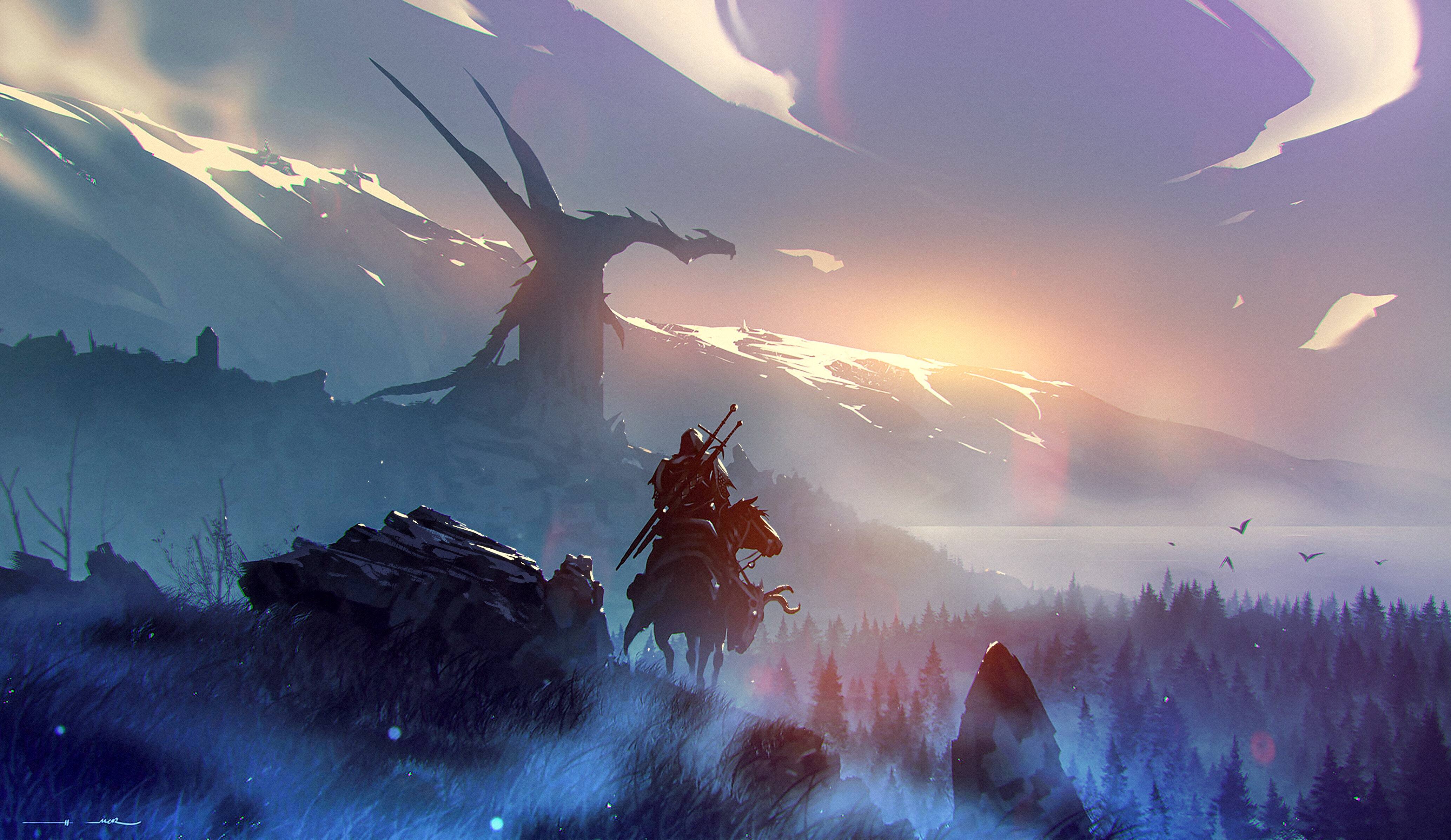 Free download AI Art Illustration Dragon Landscape Nature Mountain Cloud Wizard 4K Wallpaper, Wallpaper(s) website provided.