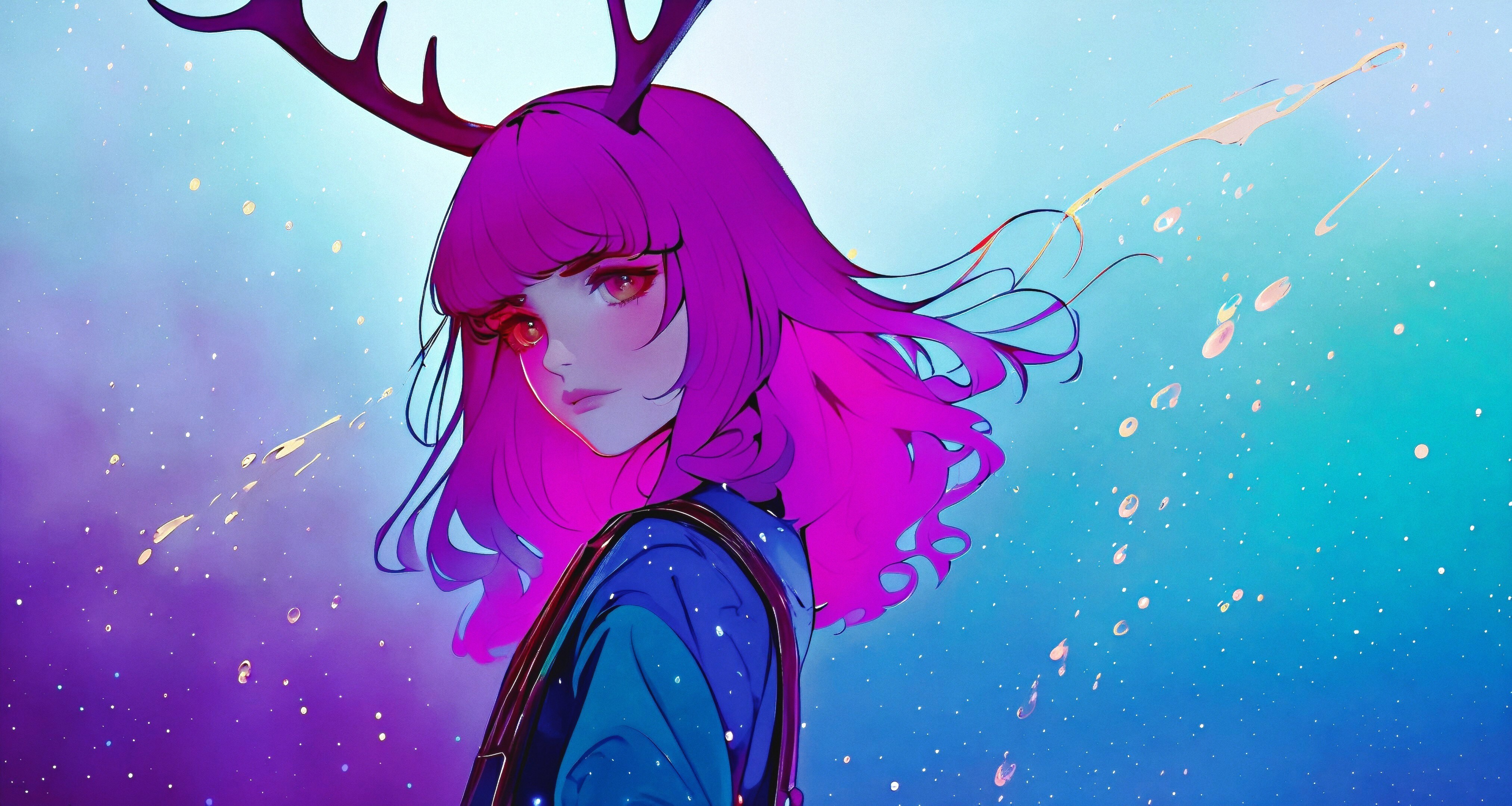 Free download Woman Face Purple Hair Artificial Intelligence Blue Background Colorful Water Drops Antlers 4K Wallpaper, Wallpaper(s) website provided.