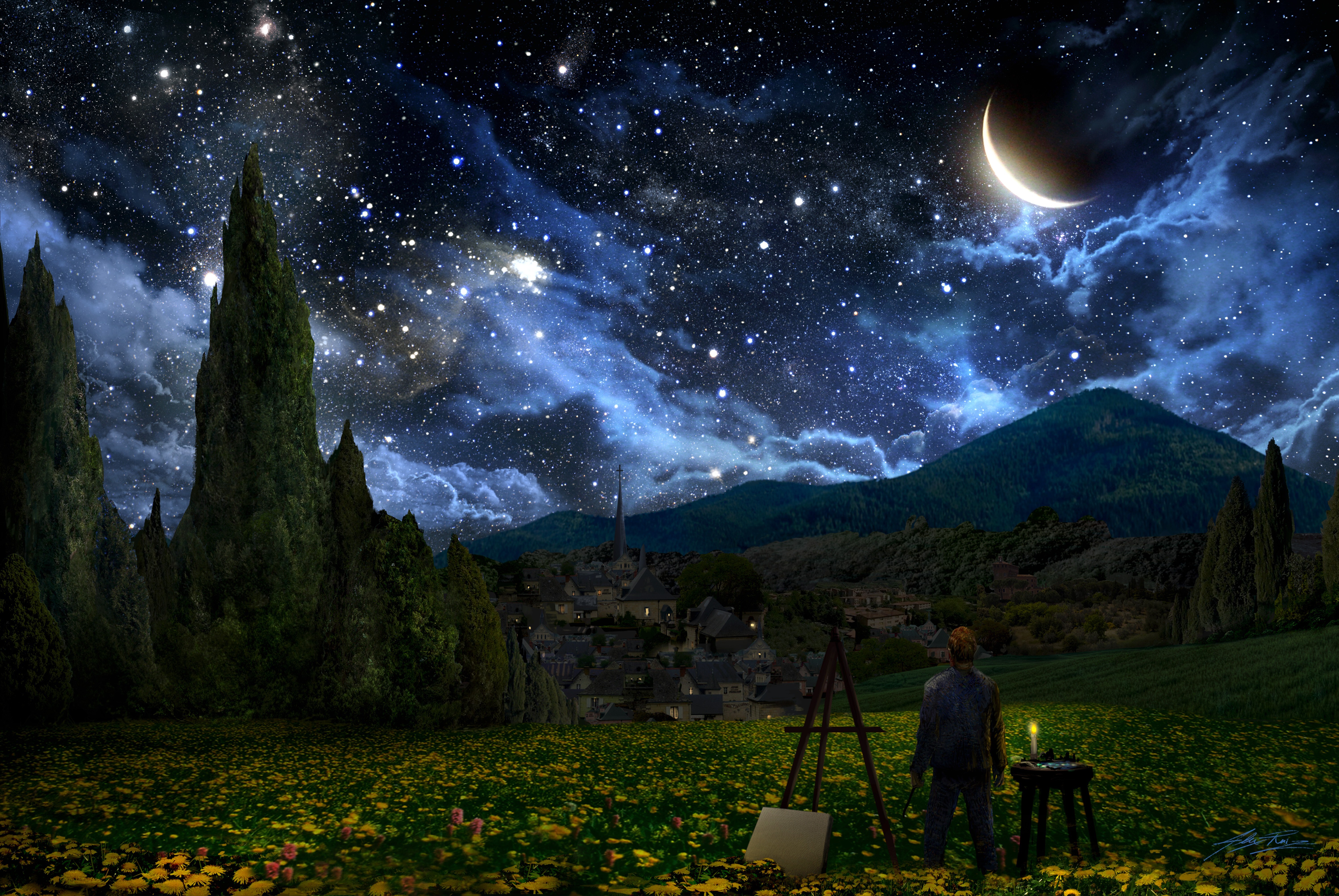 Free download Van Gogh Painter Starry Night Crescent Moon Stars Landscape 4K Wallpaper, Wallpaper(s) website provided.