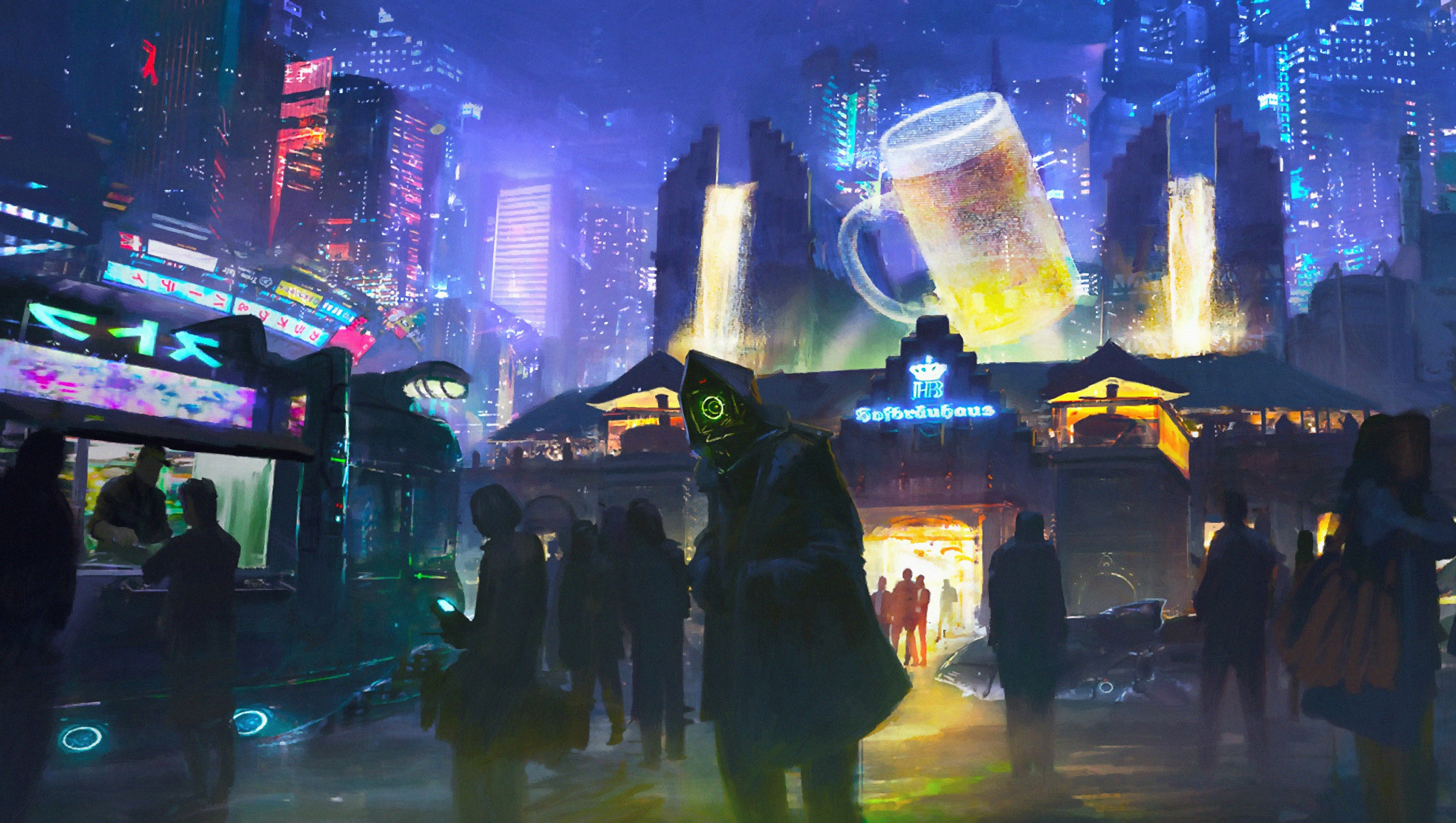 Free download Characters AI Art Illustrations Sketch Painting Environment Futurism City Network Digital City Cyberpunk Neon Lights Architecture Skyscraper Tower Night Robot Beer 4K Wallpaper, Wallpaper(s) website provided.