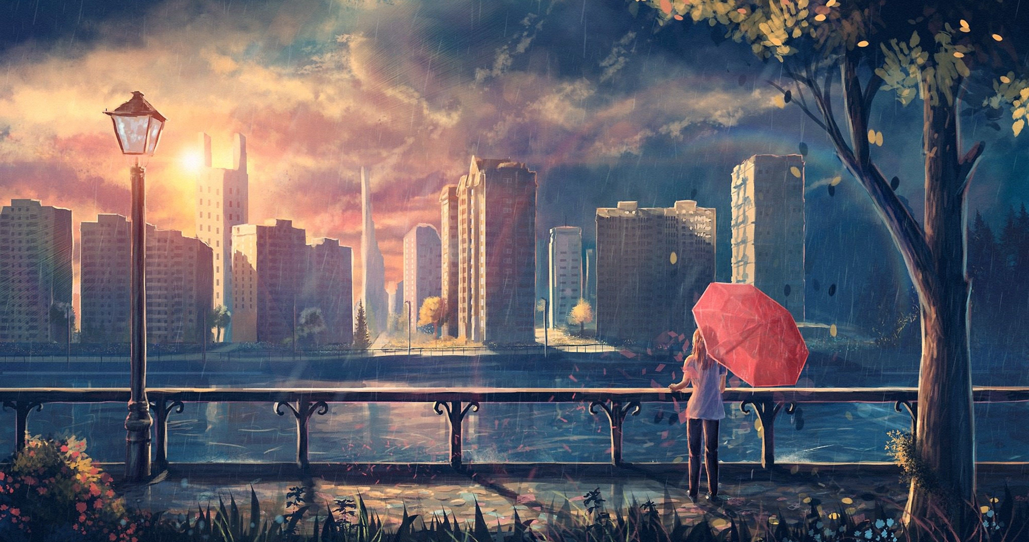 Free download Sunset City Anime Girl City Scenery Umbrella Lantern Sky Trees 4K Wallpaper, Wallpaper(s) website provided.
