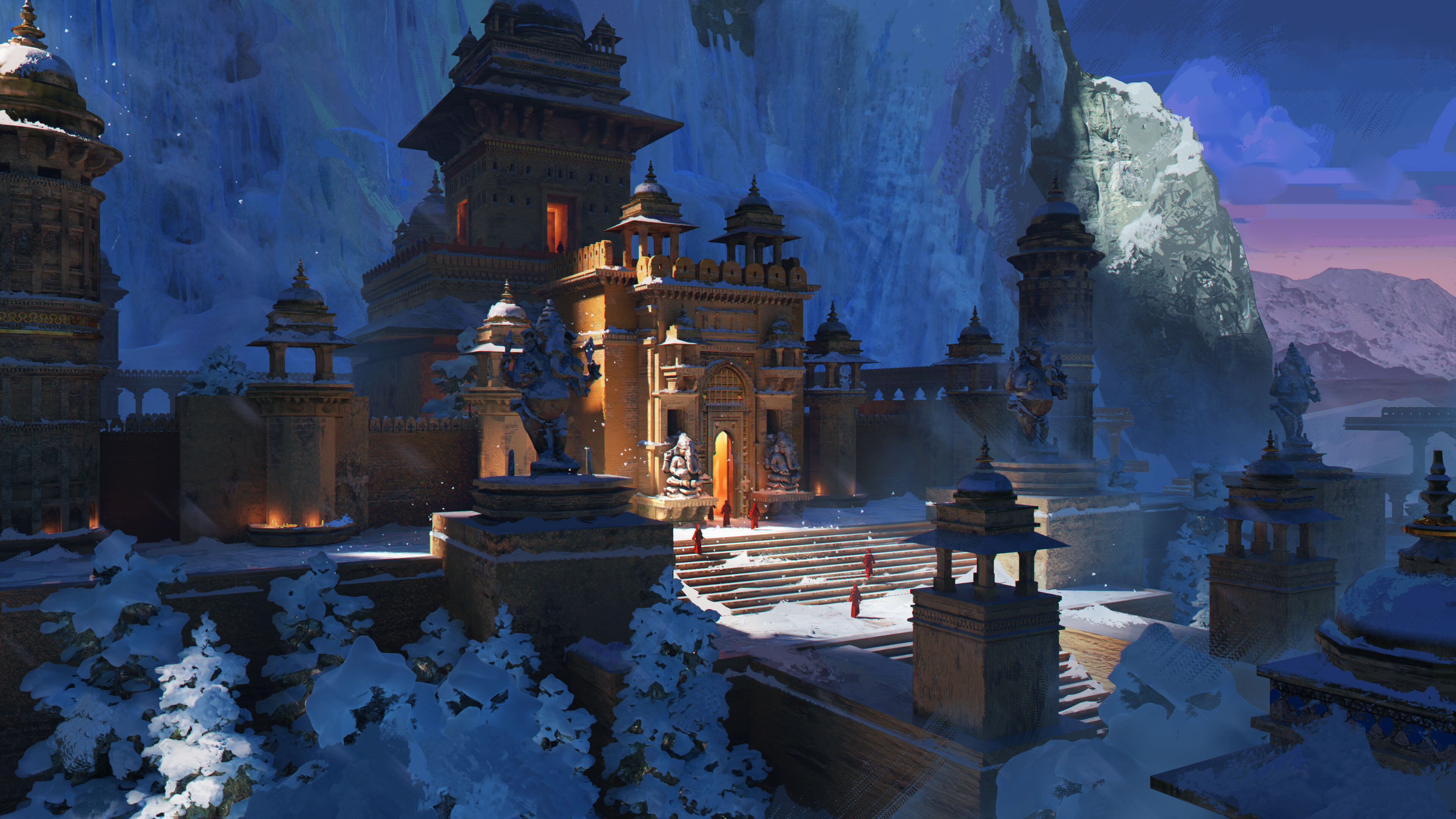 Free download AI Art Mountain Tree Snow Architecture Temple 4K Wallpaper, Wallpaper(s) website provided.