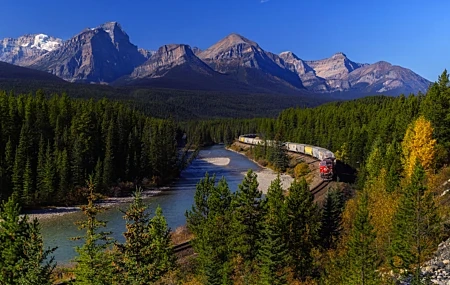 Free download nature landscape trees forest clear sky train railway rock pine water mountains river 4K wallpaper, Wallpaper(s) website provided.