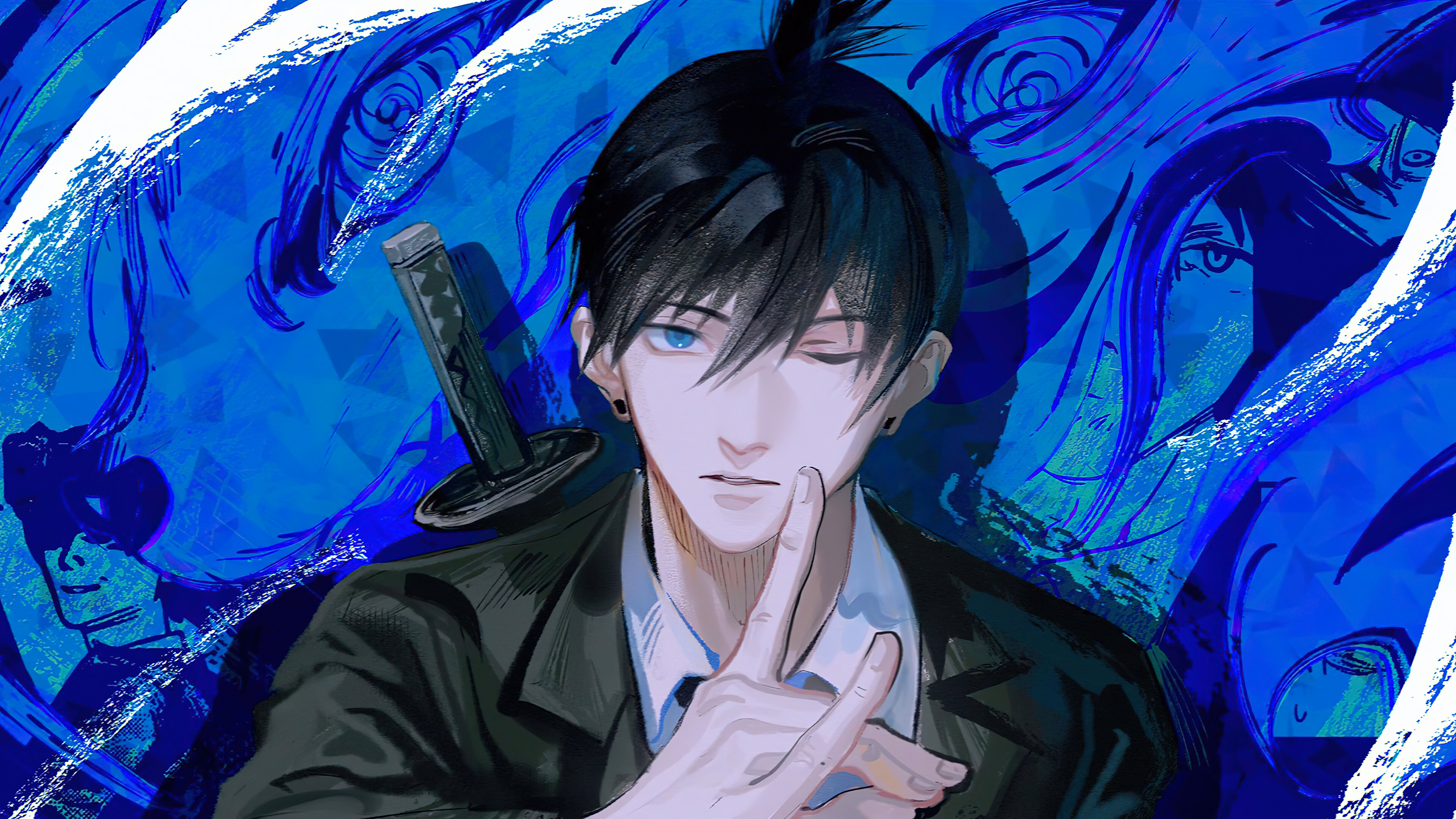 Free download Chainsaw man black hair gesture blue background anime boy 4K wallpaper, Wallpaper(s) website provided.