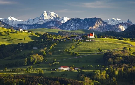 Free download Nature Landscape Clouds Sky Trees Mountains Snow Mountains Snow Grass Fields Houses Buildings Village Sunshine Hills 4K Wallpaper, Wallpaper & 7wallpaper