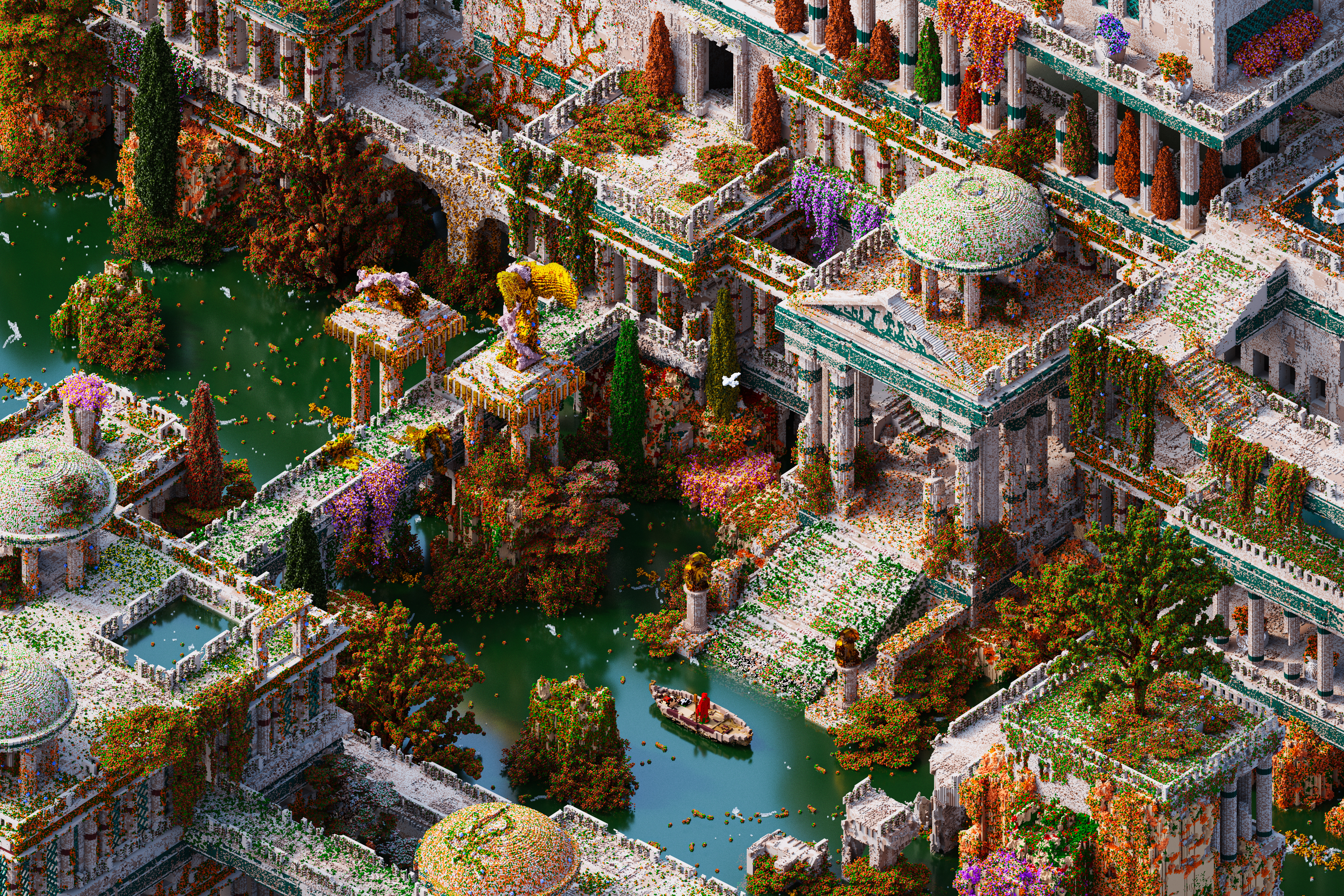 Free download AI art illustration city ancient river water boat building isometric 4K wallpaper, Wallpaper(s) website provided.