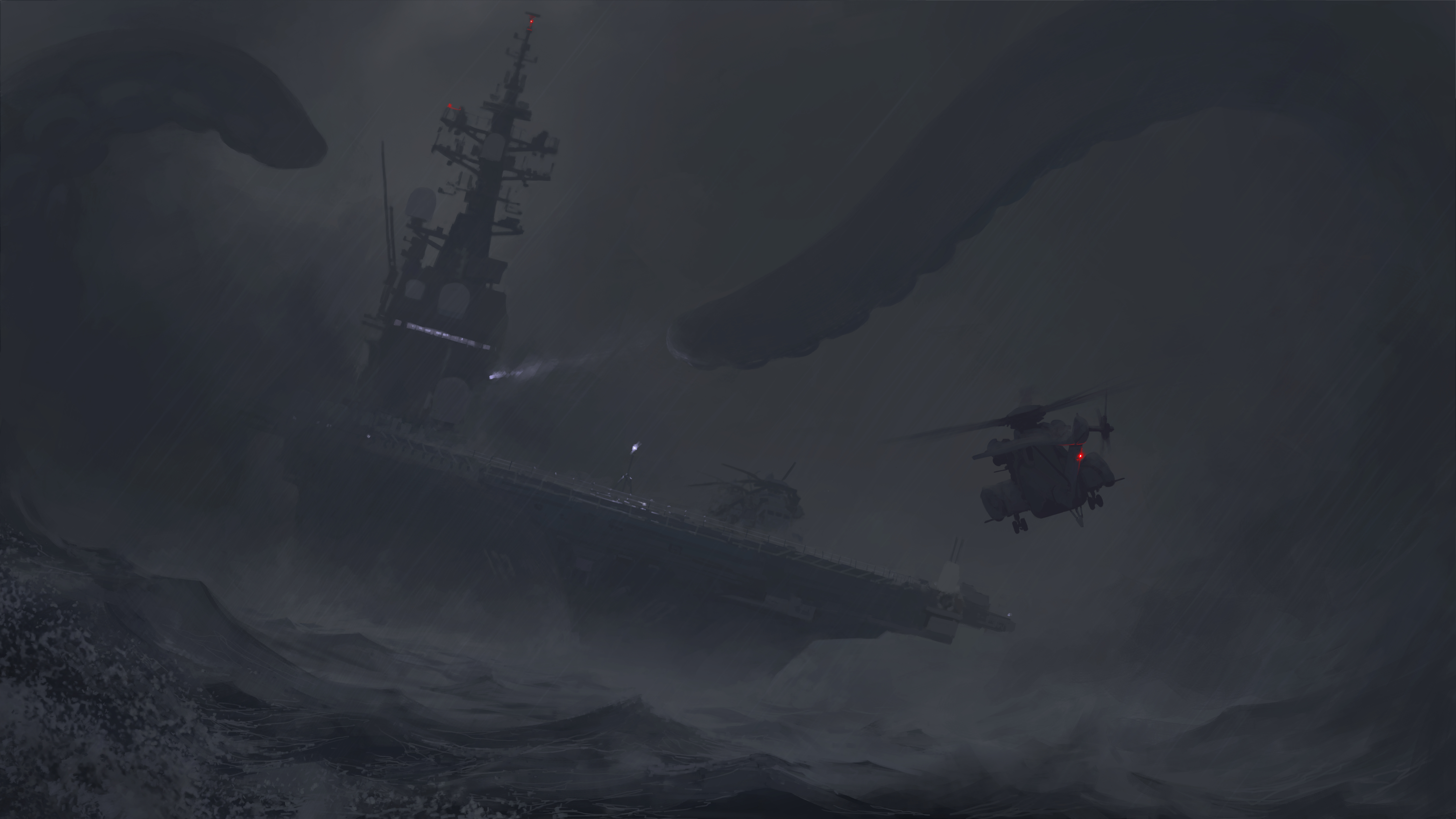 Free download AI Art Sea Ship Waves Sea Monster Tentacles Dark Helicopter Storm Aviation Carriership Fantasy Art 8K Wallpaper, Wallpaper(s) website provided.