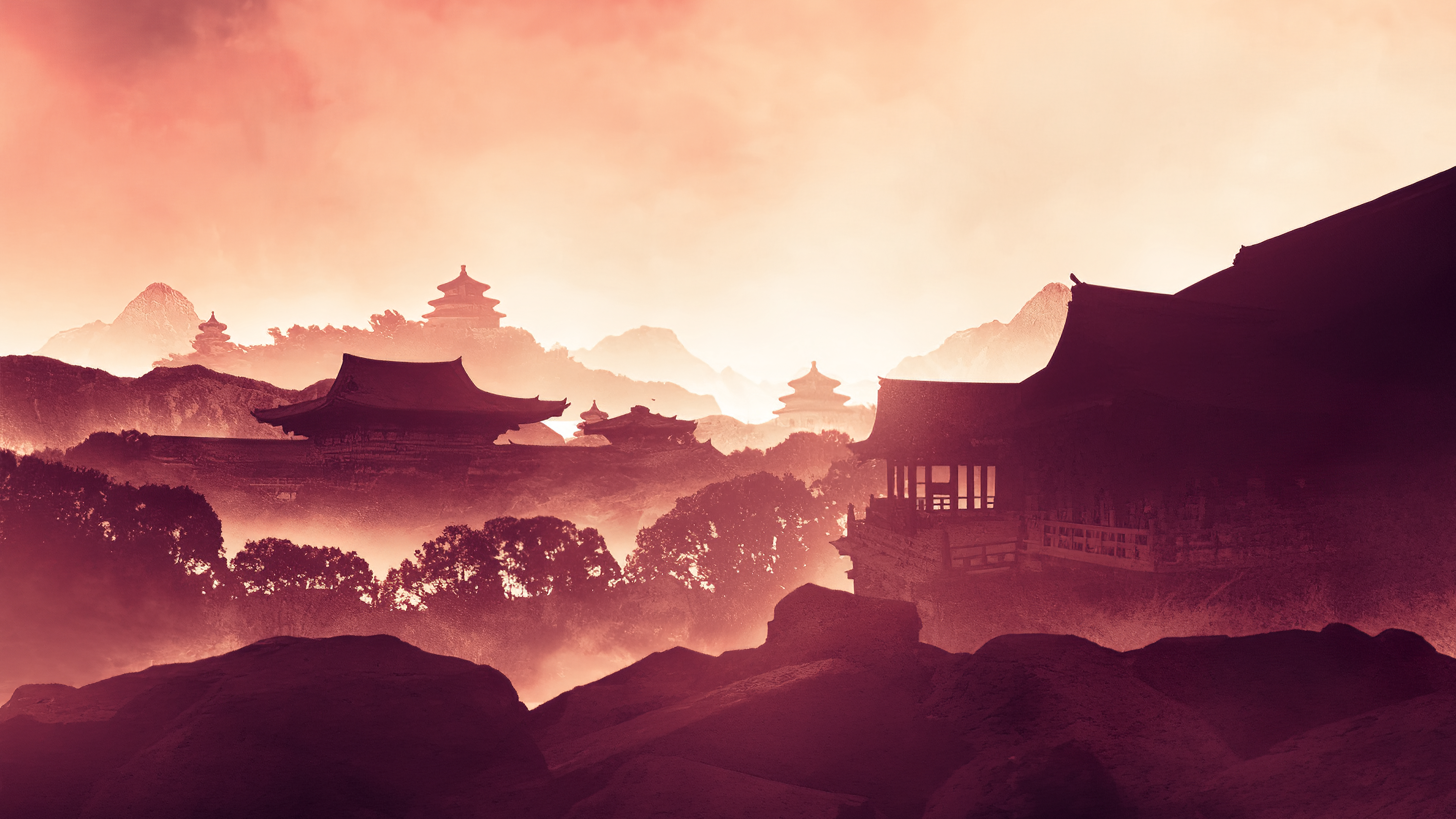 Free download AI art illustration architecture landscape nature trees dusk mist sky mountains rocks outdoor national style 4K wallpaper, Wallpaper(s) website provided.