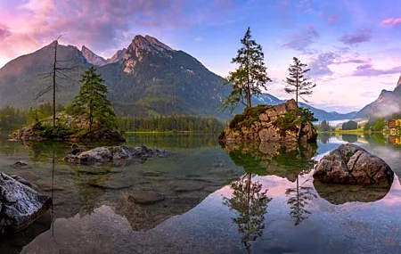 Free download Nature Landscape Mountains Rock House Reflection Sky Clouds Trees Mist Sunrise 4K Wallpaper, Wallpaper(s) website provided.