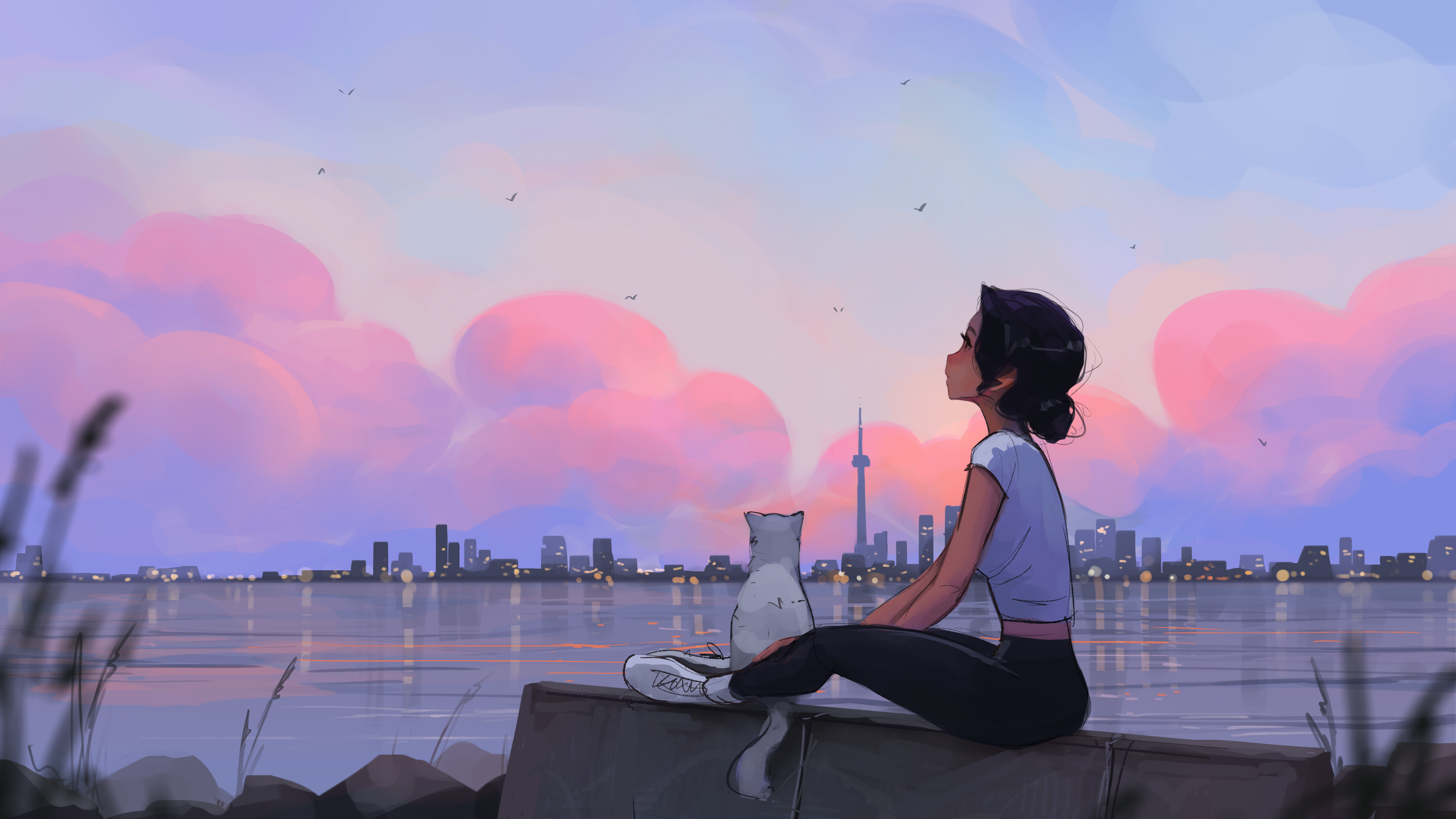 Free download Girl woman cloud cat lake twilight sky water city animal architecture shoes city lights AI art 4K wallpaper, Wallpaper(s) website provided.