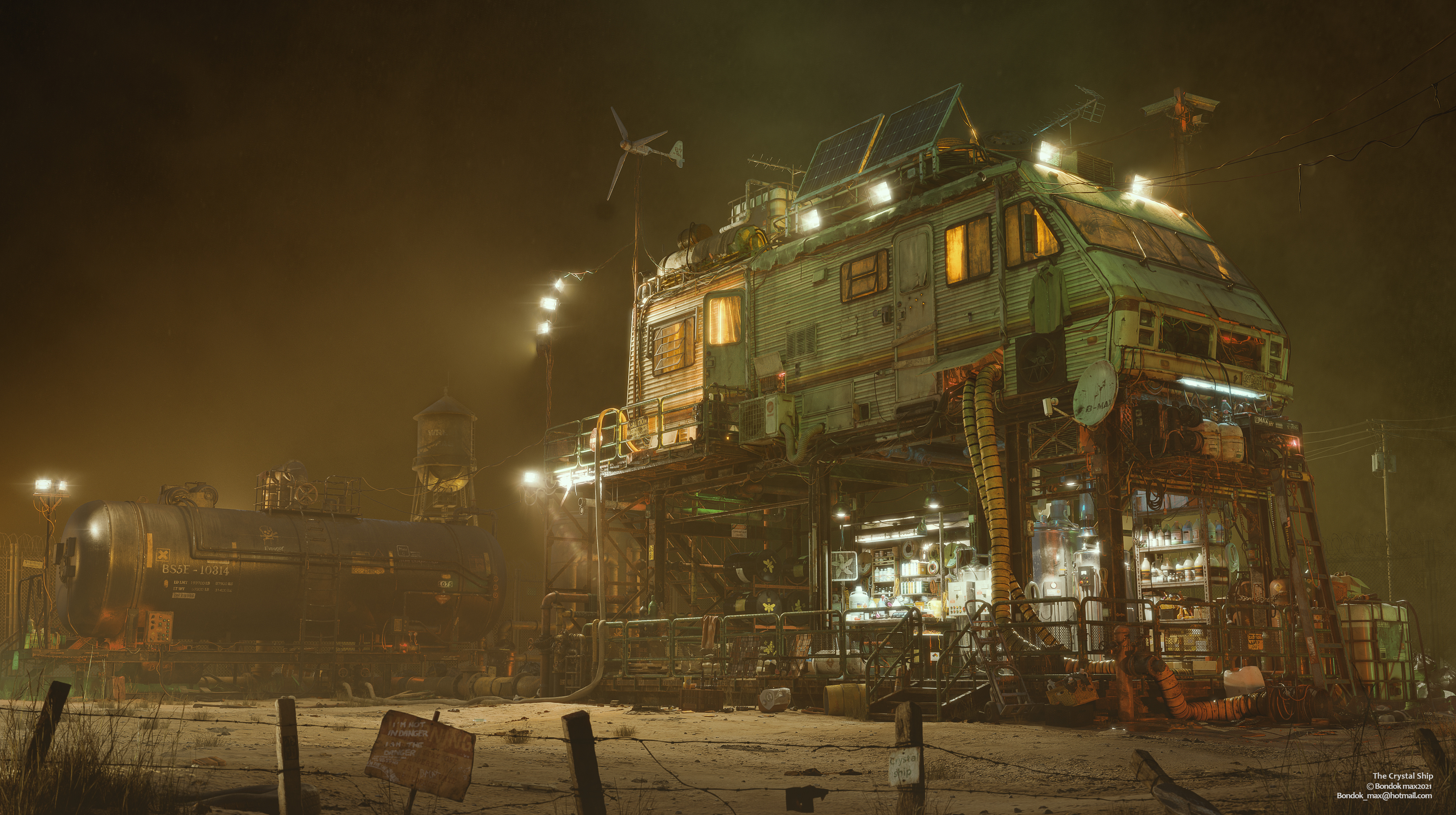 Free download AI Art Fantasy Art Fantasy City Vehicle Night Doomsday Pipeline Wire Truck Bucket 4K Wallpaper, Wallpaper(s) website provided.