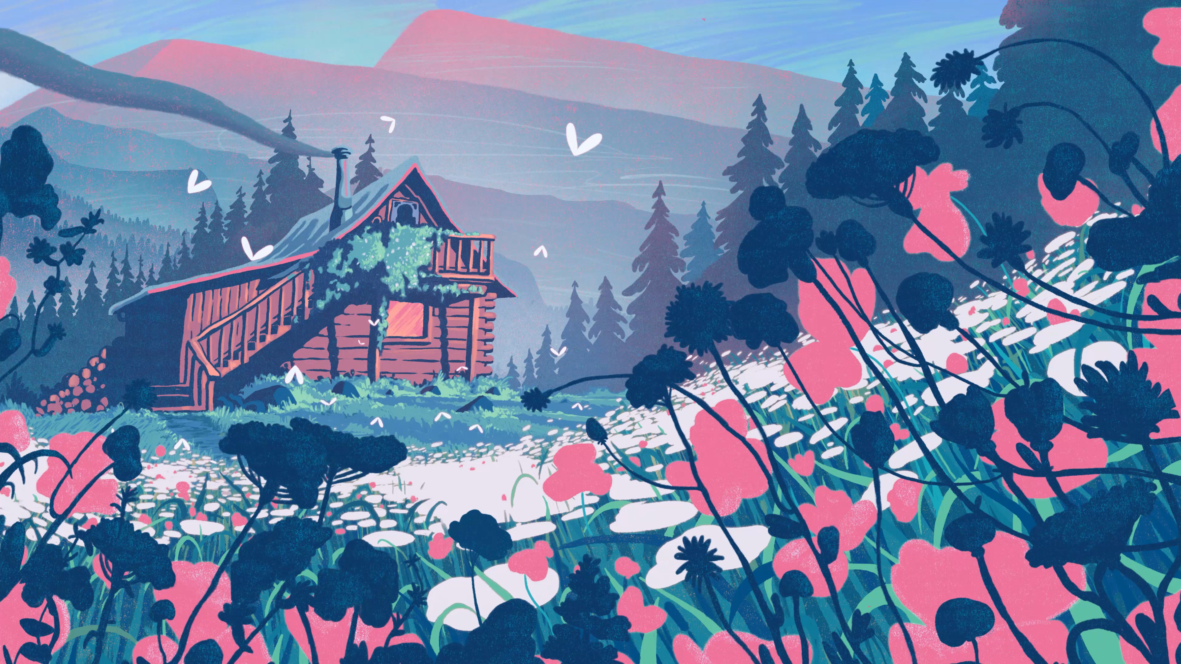 Free download Flowers Hut Forest Trees Insect Logs Chimney Smoke 4K Wallpaper, Wallpaper(s) website provided.