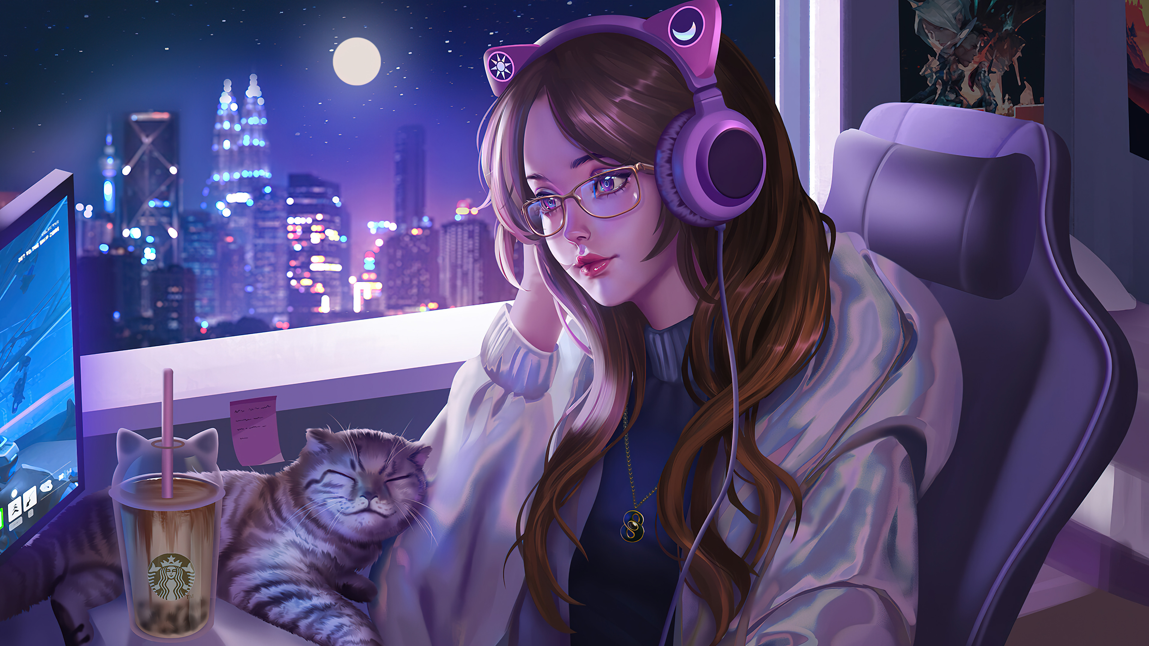 Free download Anime Girl Cat Headphones Moon Lights Glasses 4K Wallpaper, Wallpaper(s) website provided.