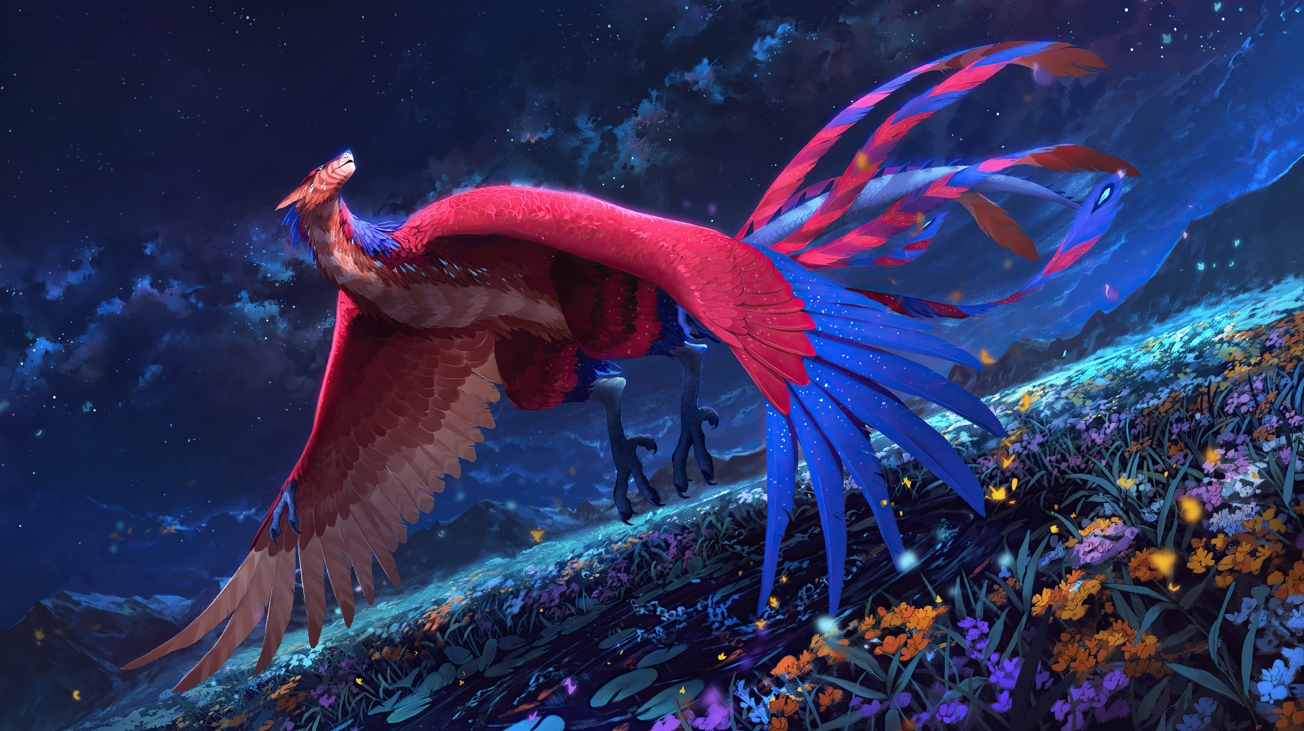 Free download AI Art Fantasy Bird Fantasy Art Biology Flower Sky Stars Landscape Wings Bird 4K Wallpaper, Wallpaper(s) website provided.