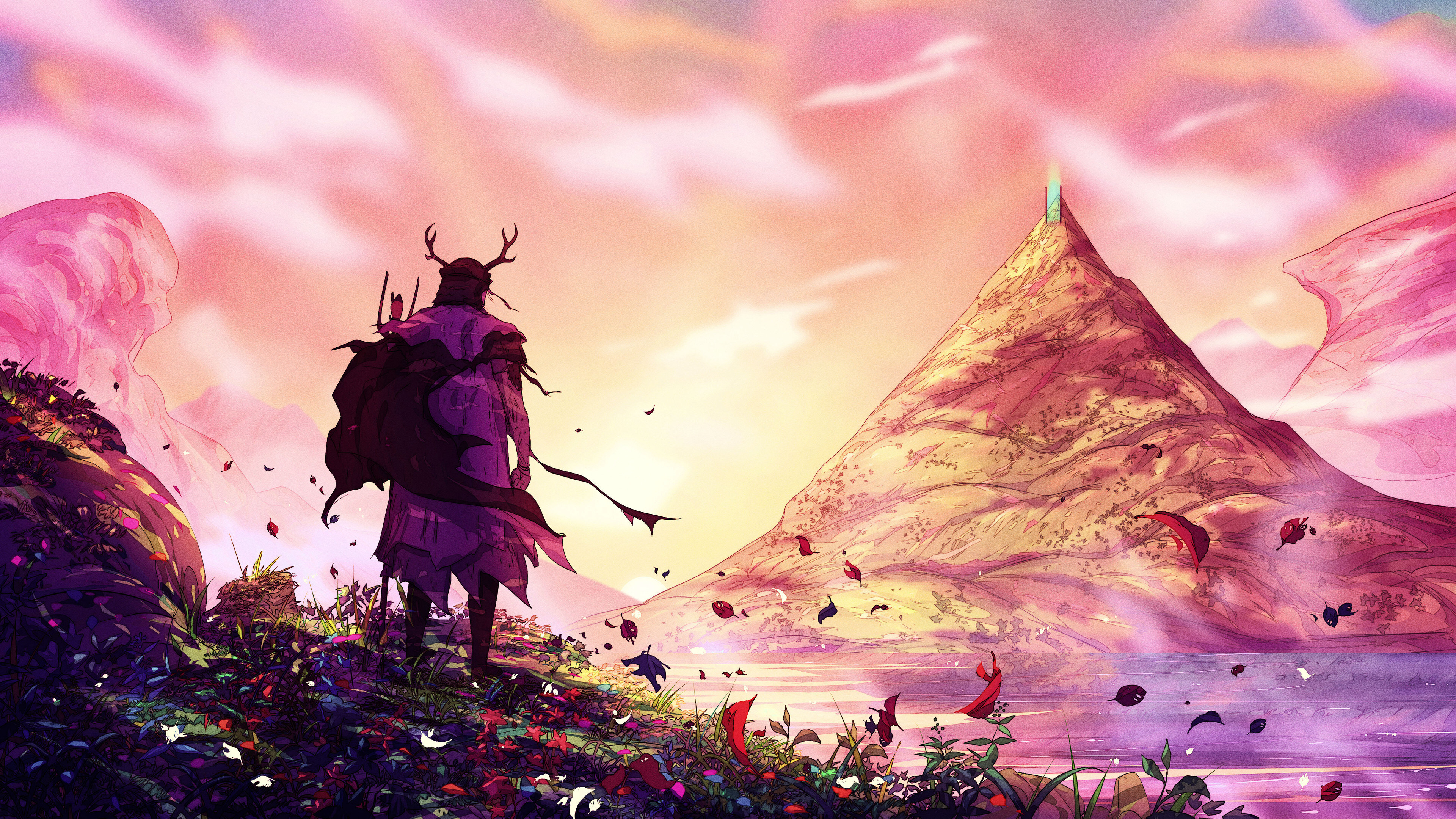 Free download Traveler AI Art Fantasy Art Men Mountain Flowers 4K Wallpaper, Wallpaper(s) website provided.