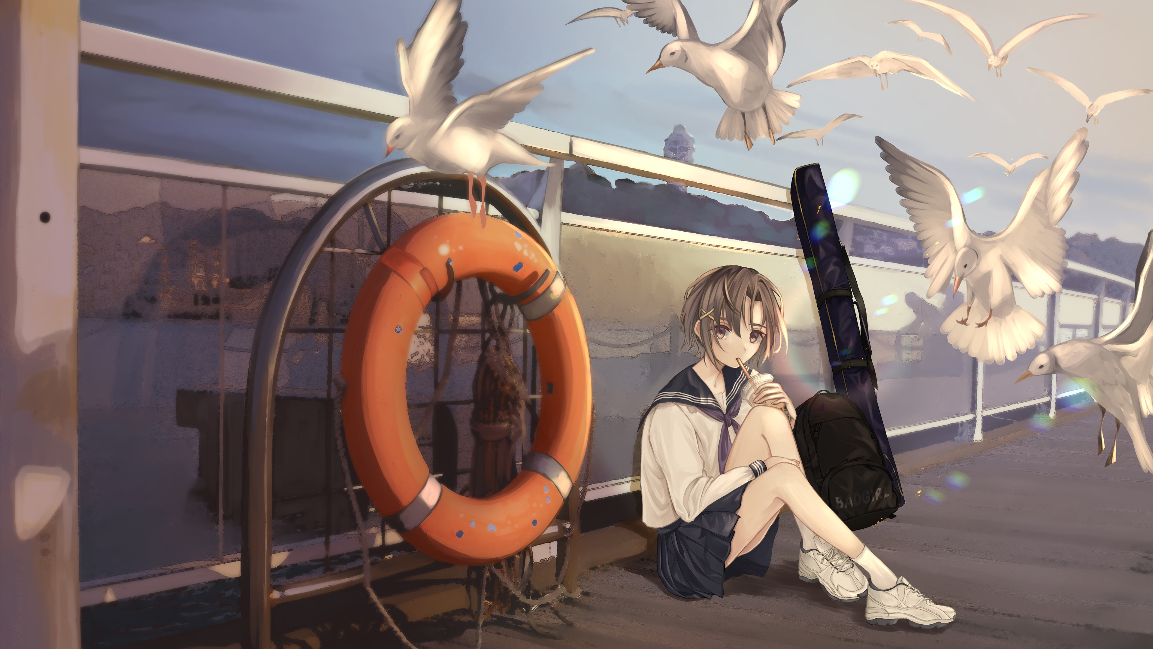 Free download Anime Girl Ocean Seagull Sailor Suit Short Hair 4K Wallpaper, Wallpaper(s) website provided.