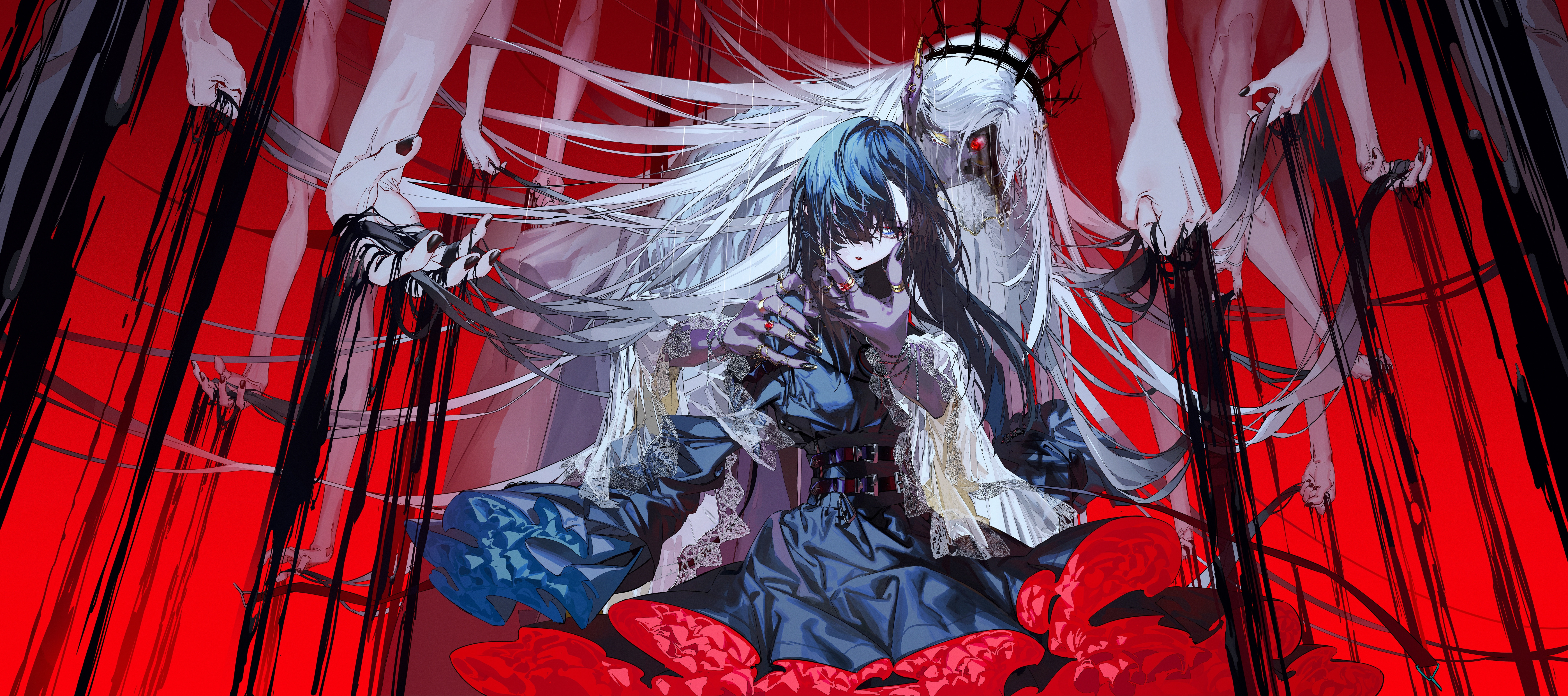 Free download Hands Blue Hair Long Hair Blonde Blue Eyes Rolla Anime Girl Ring Black Nails Crown Red Background Perforated Ribbon Dress Artwork 8K Wallpaper, Wallpaper(s) website provided.