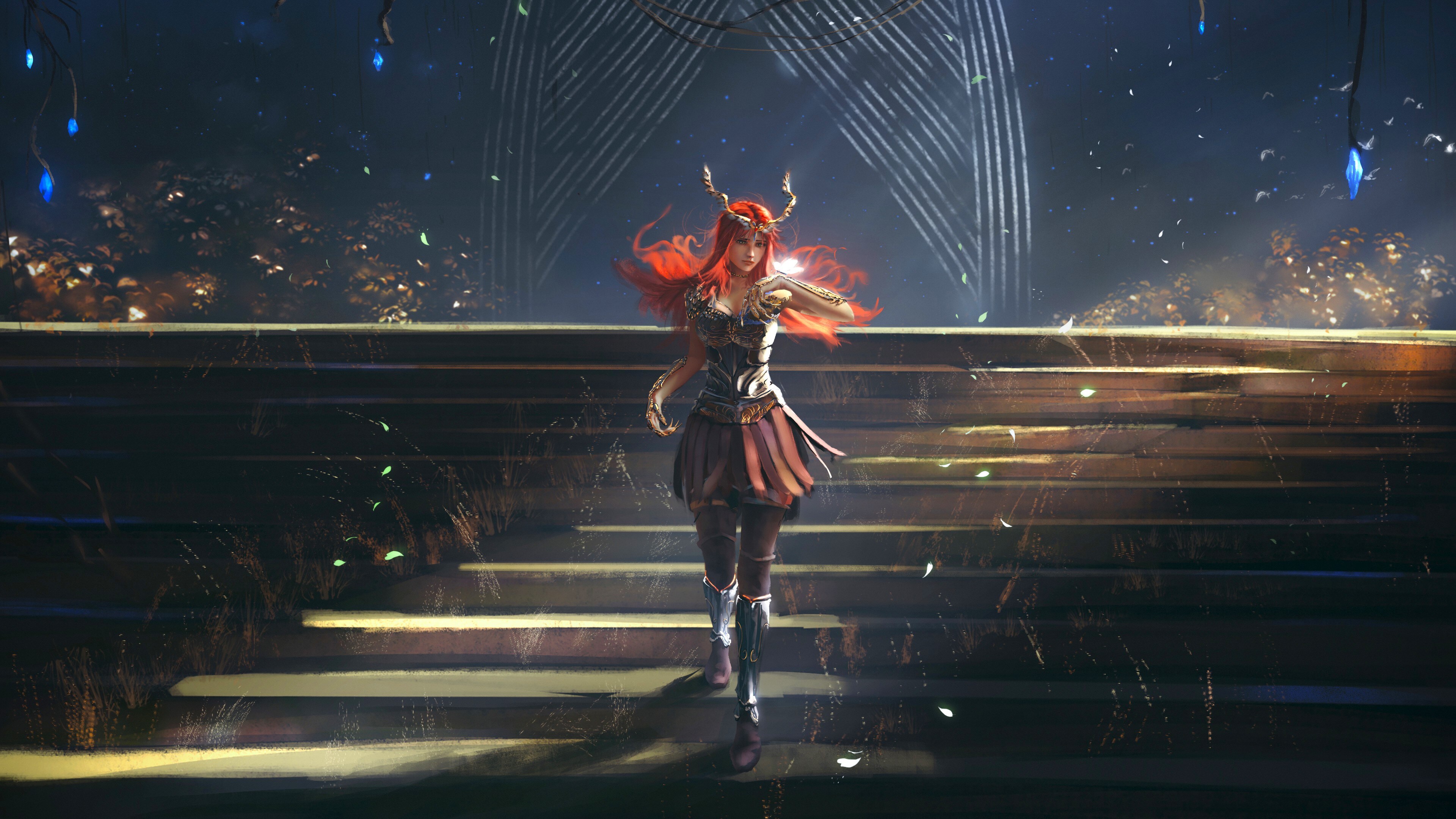 Free download Female Woman Girl Red Hair Artwork Digital Art Fantasy Art Illustrations Stairs Plants Sunshine Butterfly Armor Armor Boots Glowing Leaves 4K Wallpaper, Wallpaper(s) website provided.