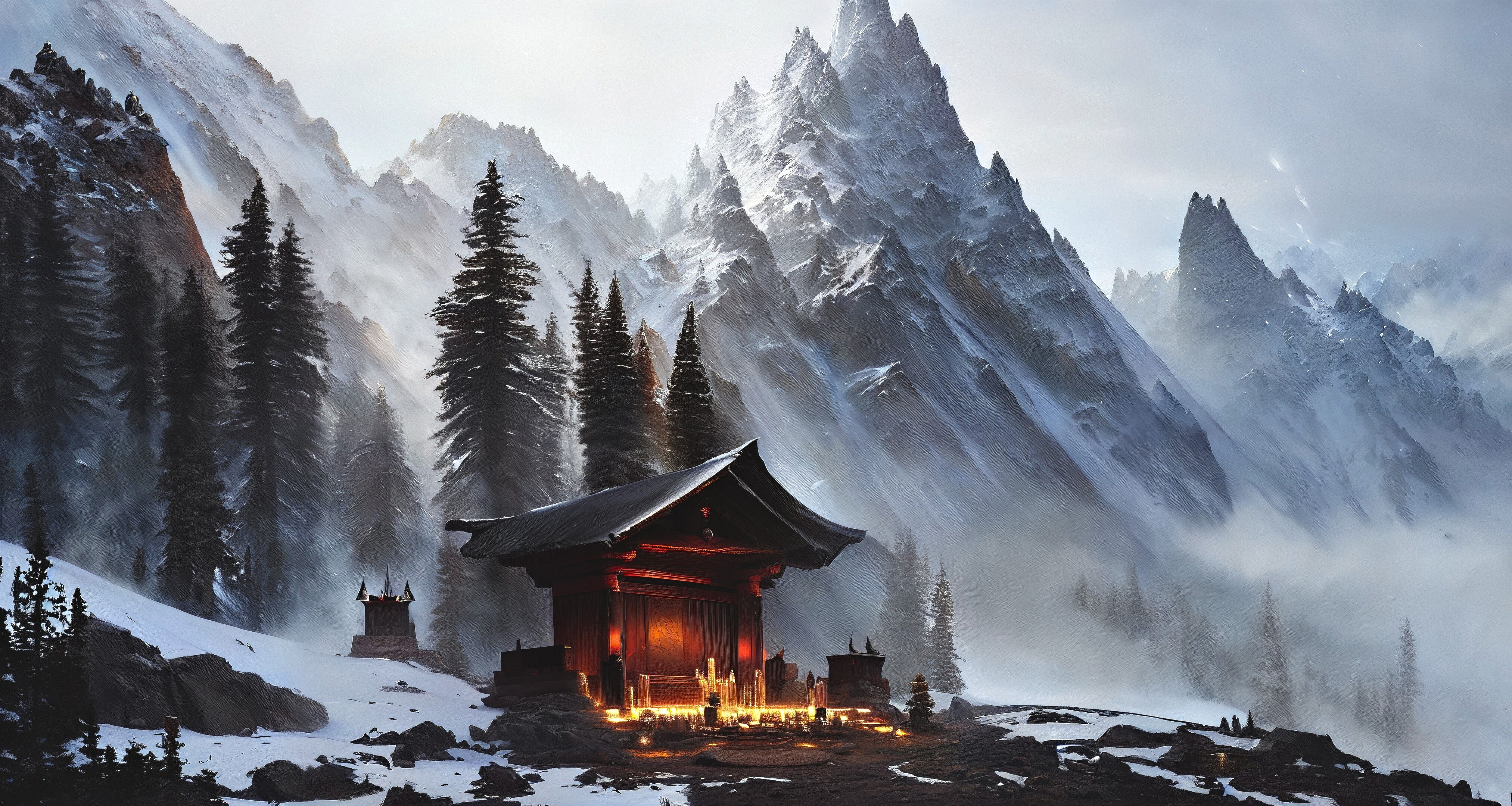 Free download Nameless Art Snow Mountain Holy Land Trees Candles Landscape Mist 4K Wallpaper, Wallpaper(s) website provided.
