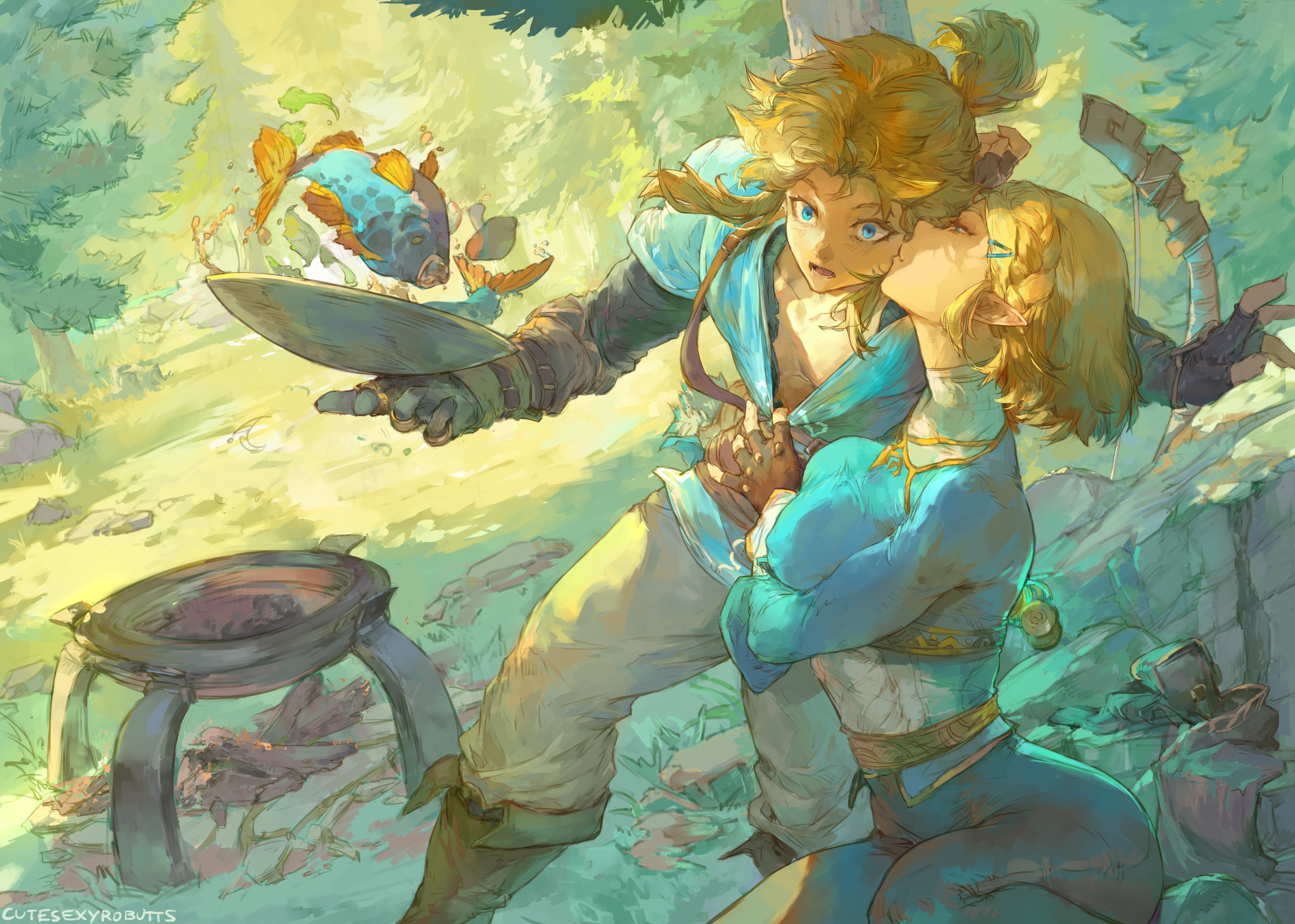 Free download Zelda Link Game CG Characters Short Hair Zelda Legend Nintendo Painting Food Kiss Gloves Beast Ears AI Art 4K Wallpaper, Wallpaper(s) website provided.