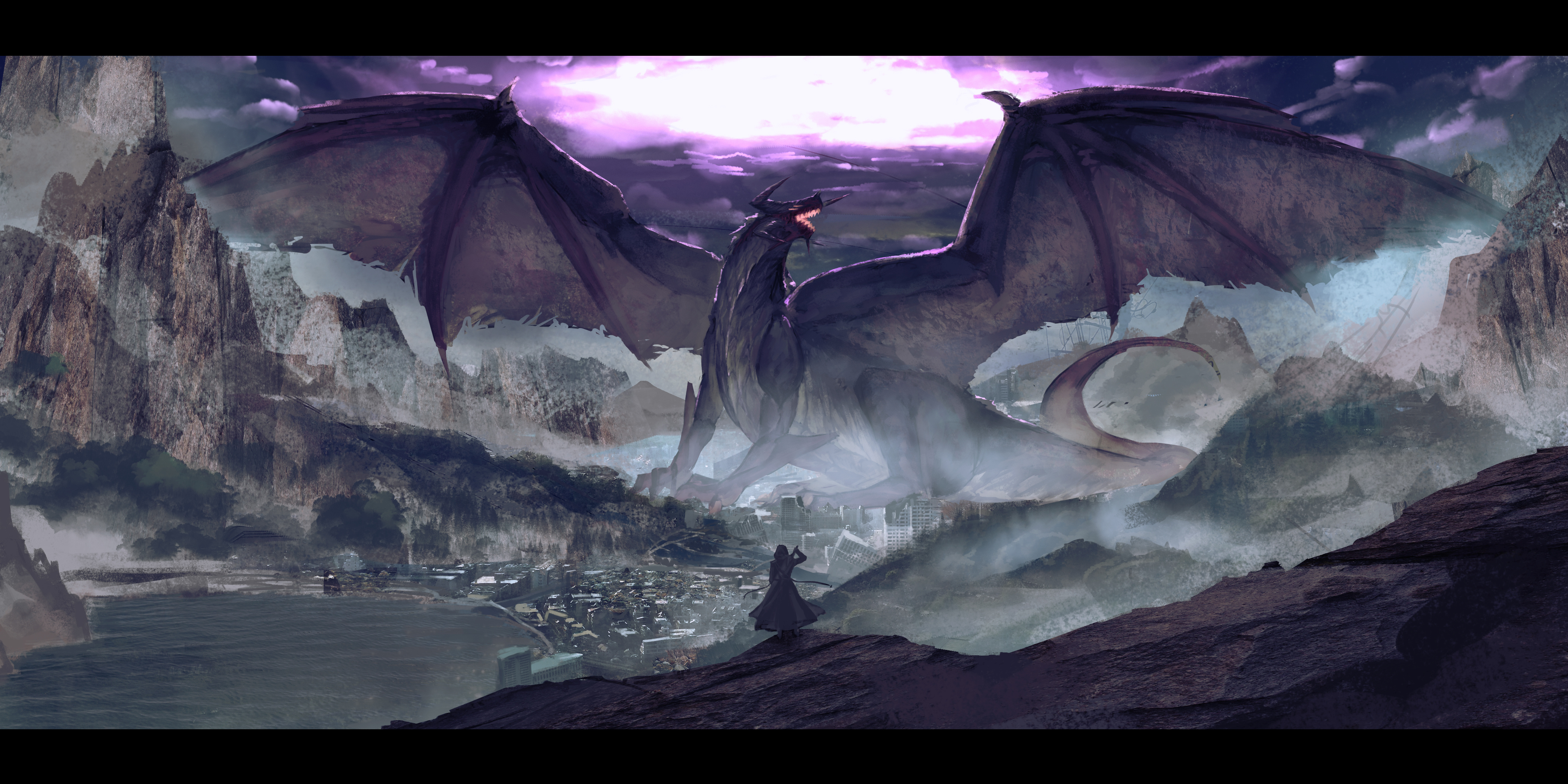Free download Warrior AI Art Illustrations Creatures Dragon Wings Sword Apocalypse Destruction Mountains Fantasy Art 4K Wallpaper, Wallpaper(s) website provided.