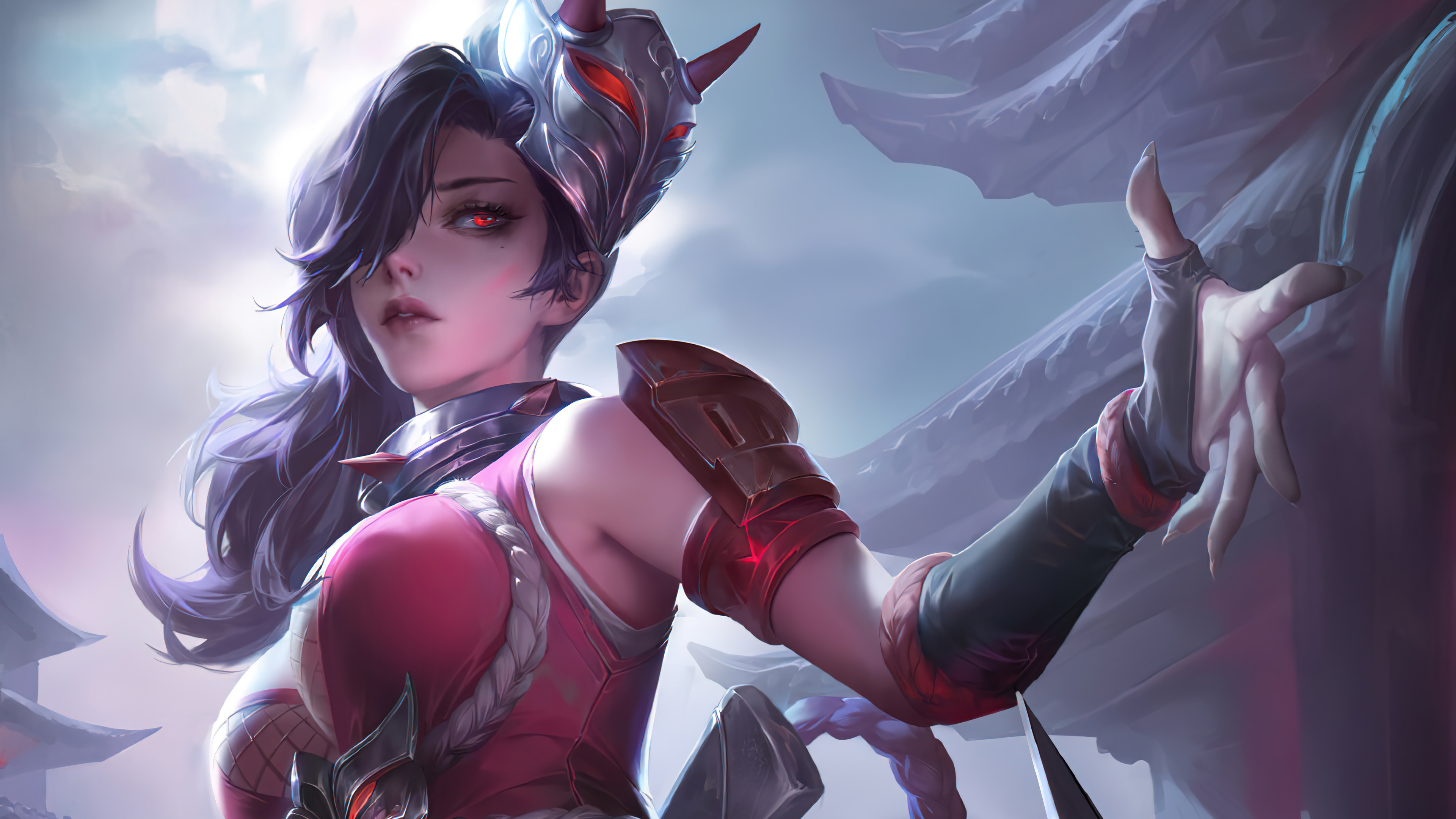 Free download Warrior Red Eye Fantasy Girl Fantasy Art Mask 4K Wallpaper, Wallpaper(s) website provided.