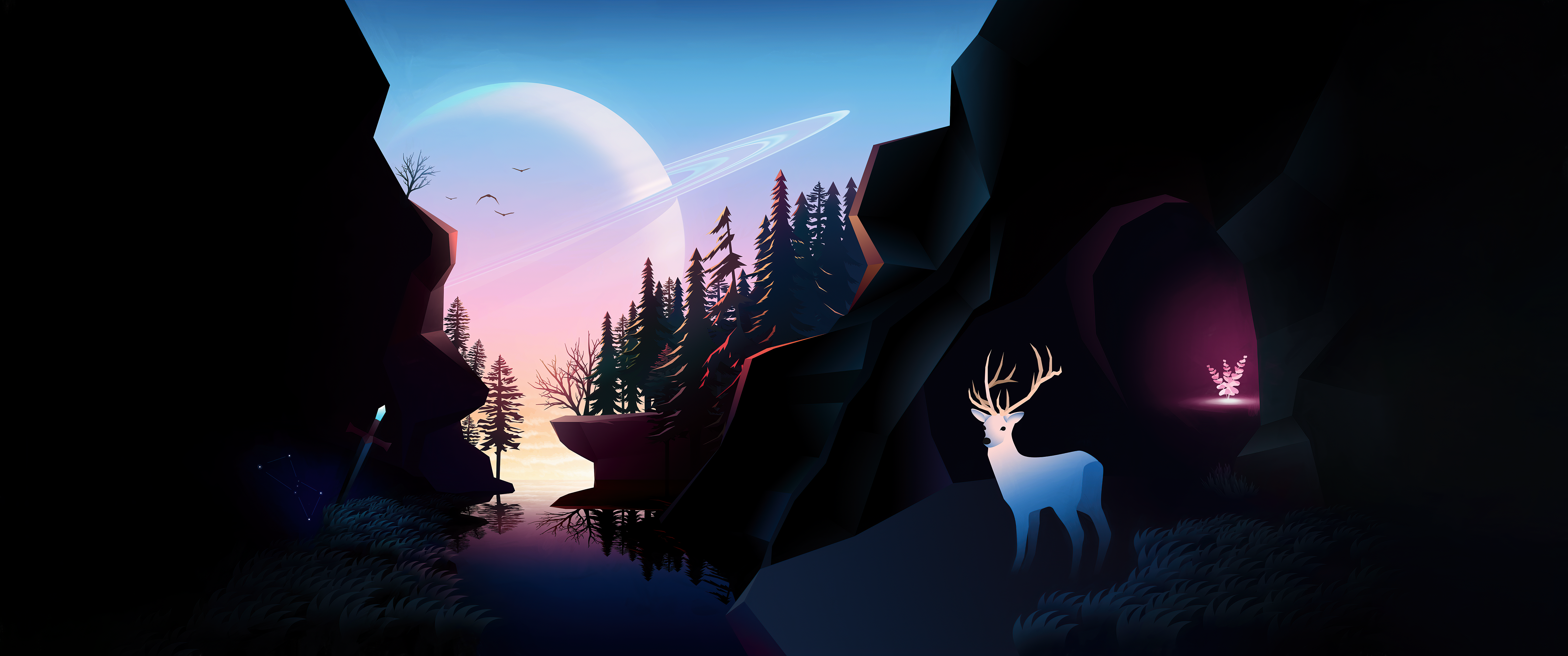 Free download Saturn Landscape Deer Pine Tree 4K Wallpaper, Wallpaper(s) website provided.